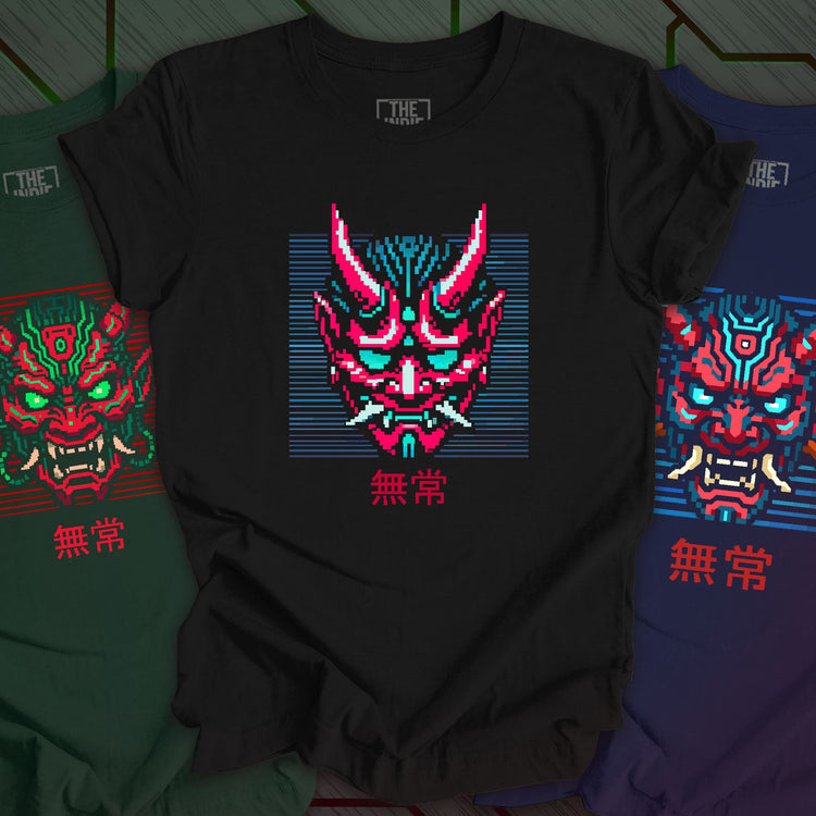 Three black t-shirts with pixel art of a red oni mask, green dragon, and gold samurai helmet. Retro designs with Japanese influence.