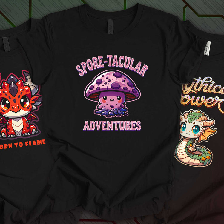 Three black fantasy t-shirts featuring a cute mushroom with "Spore-tacular Adventures," a fire dragon, and a baby serpent with "Mythical Power."