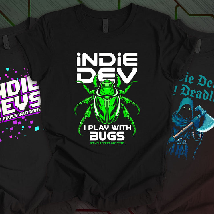 Three black indie dev t-shirts with bug, pixel, and deadline themes in bold neon and pixel art styles for game developers.
