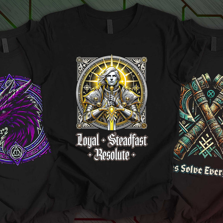 Three black fantasy-themed gamer t-shirts featuring a radiant knight with "Loyal, Steadfast, Resolute" text, a purple mystical dragon, and crossed battle axes with runes. Ideal for RPG fans and epic quest lovers.