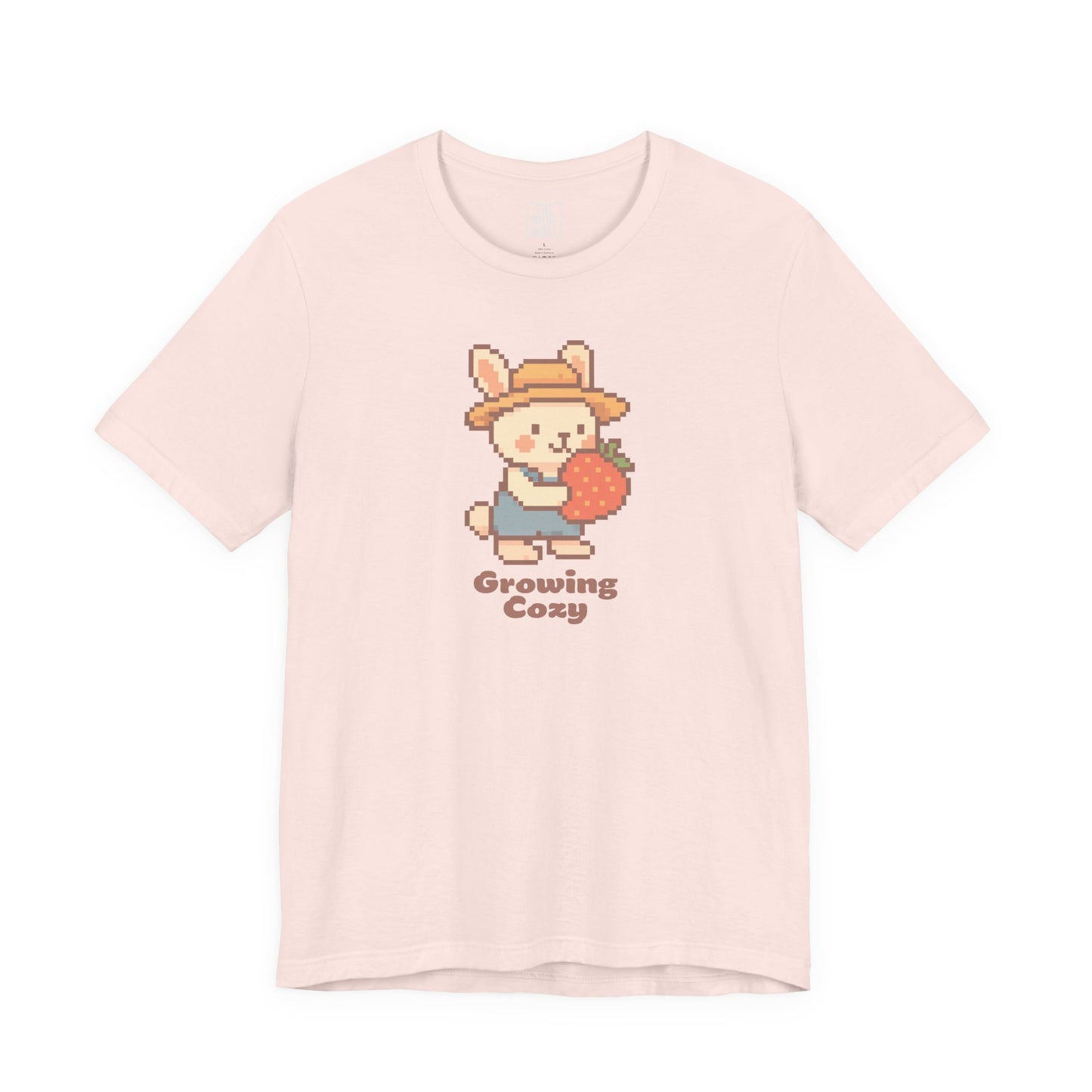 Growing Cozy Pixel Art Farmer Bunny with Strawberry | Gaming T-Shirt