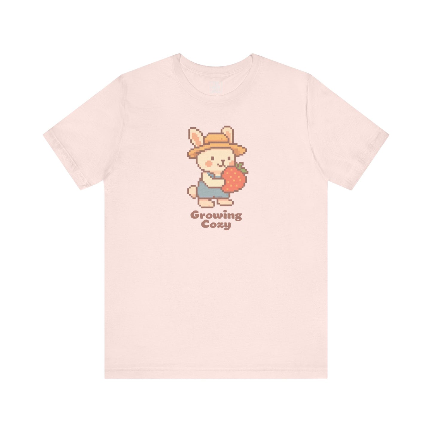 Growing Cozy Pixel Art Farmer Bunny with Strawberry | Gaming T-Shirt