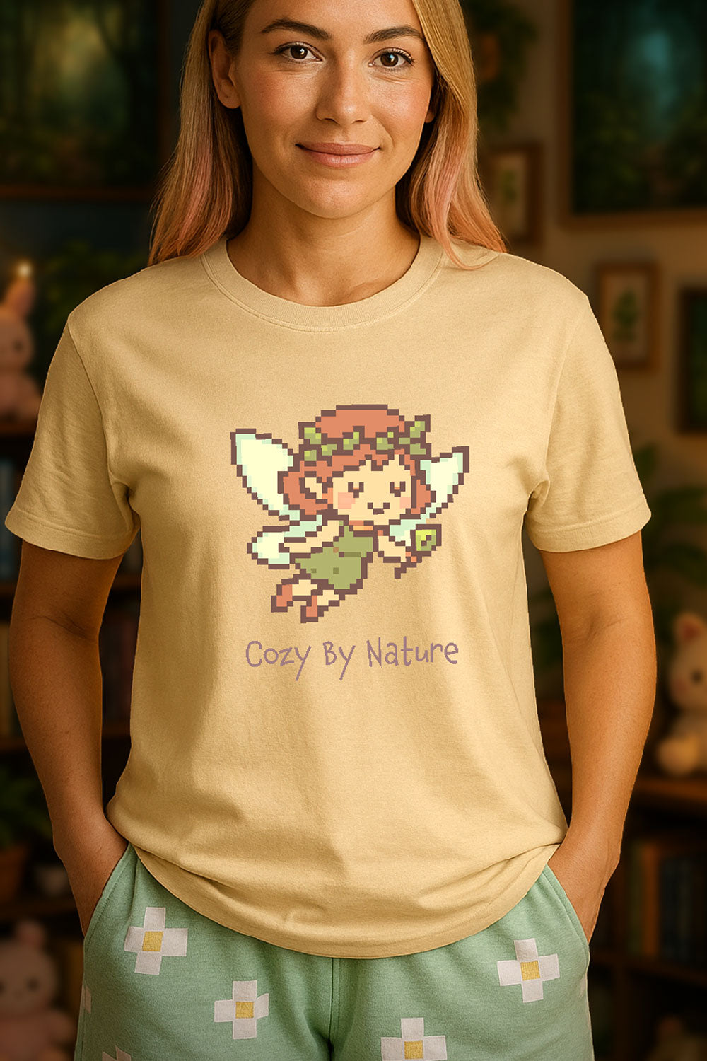 Young woman wearing a soft cream t-shirt with a chest print of a Pixel art fairy with leafy wings and crown holding a wand, smiling above the words "Cozy By Nature" in cozy gamer kawaii style. The background is cozy themed room slightly out of focus.
