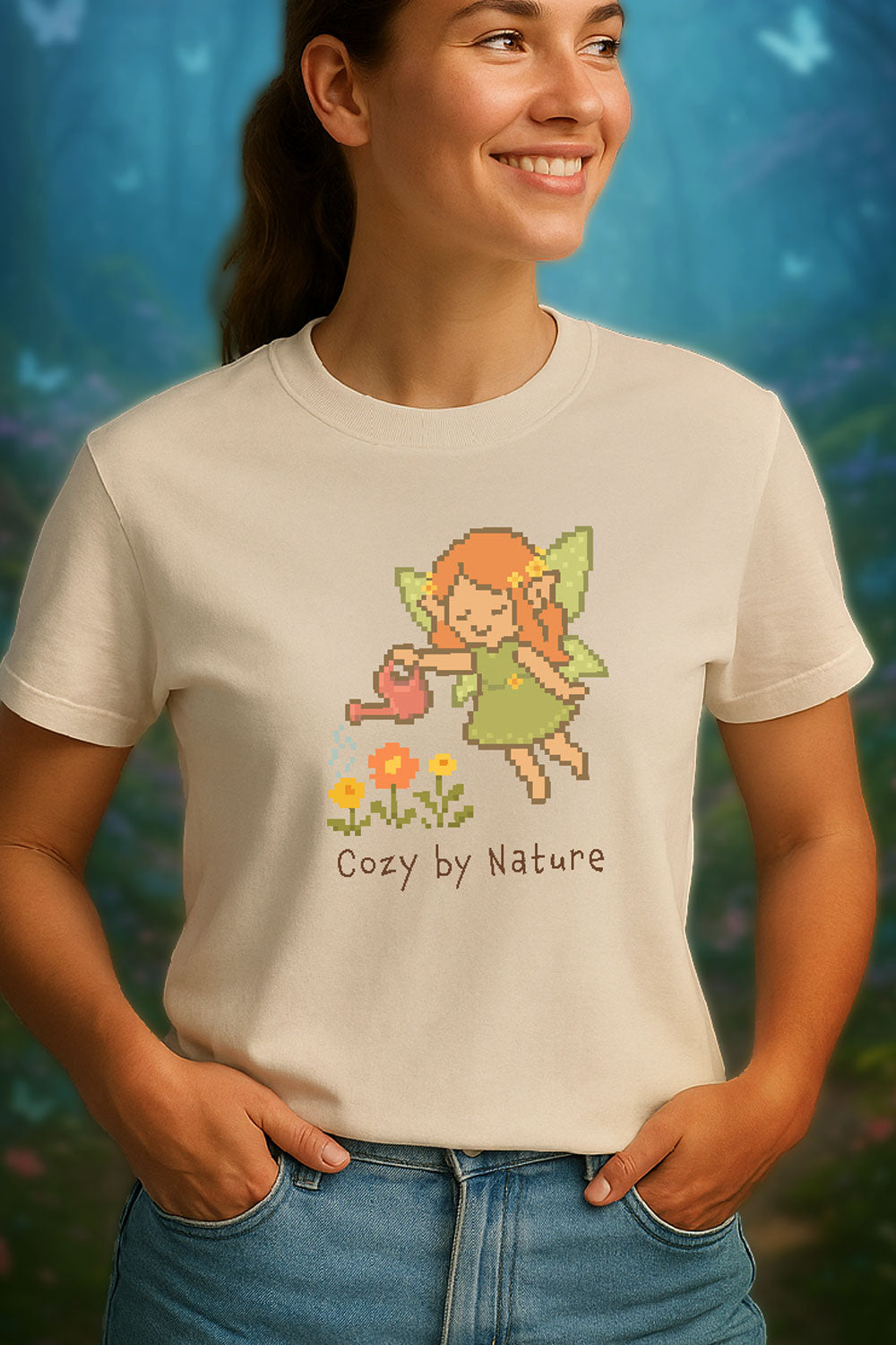 Young woman wearing a soft natural color t-shirt with a design across the chest. The design is a pixel art fairy with leafy wings watering flowers using a pink watering can, above the text "Cozy by Nature" in cozy kawaii gamer style. The background is an illustrated mystical forest slightly out of focus.