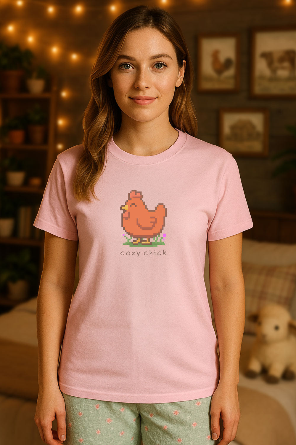 young woman wearing a light pink t-shirt with a chest print of a pixel art image of a cute brown chick standing on a patch of grass. text beneath the pixel art reads "cozy chick". background is an out of focus cozy themed bedroom.