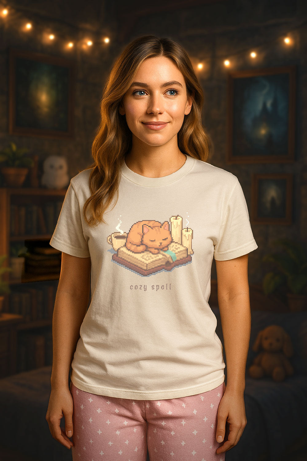 young woman wearing a light natural color t-shirt with a chest design of a Pixel art orange cat sleeping on a book with candles and a coffee mug, under the text "cozy spell" in soft cozy gamer style. The woman is standing in a fantasy themed room just out of focus.