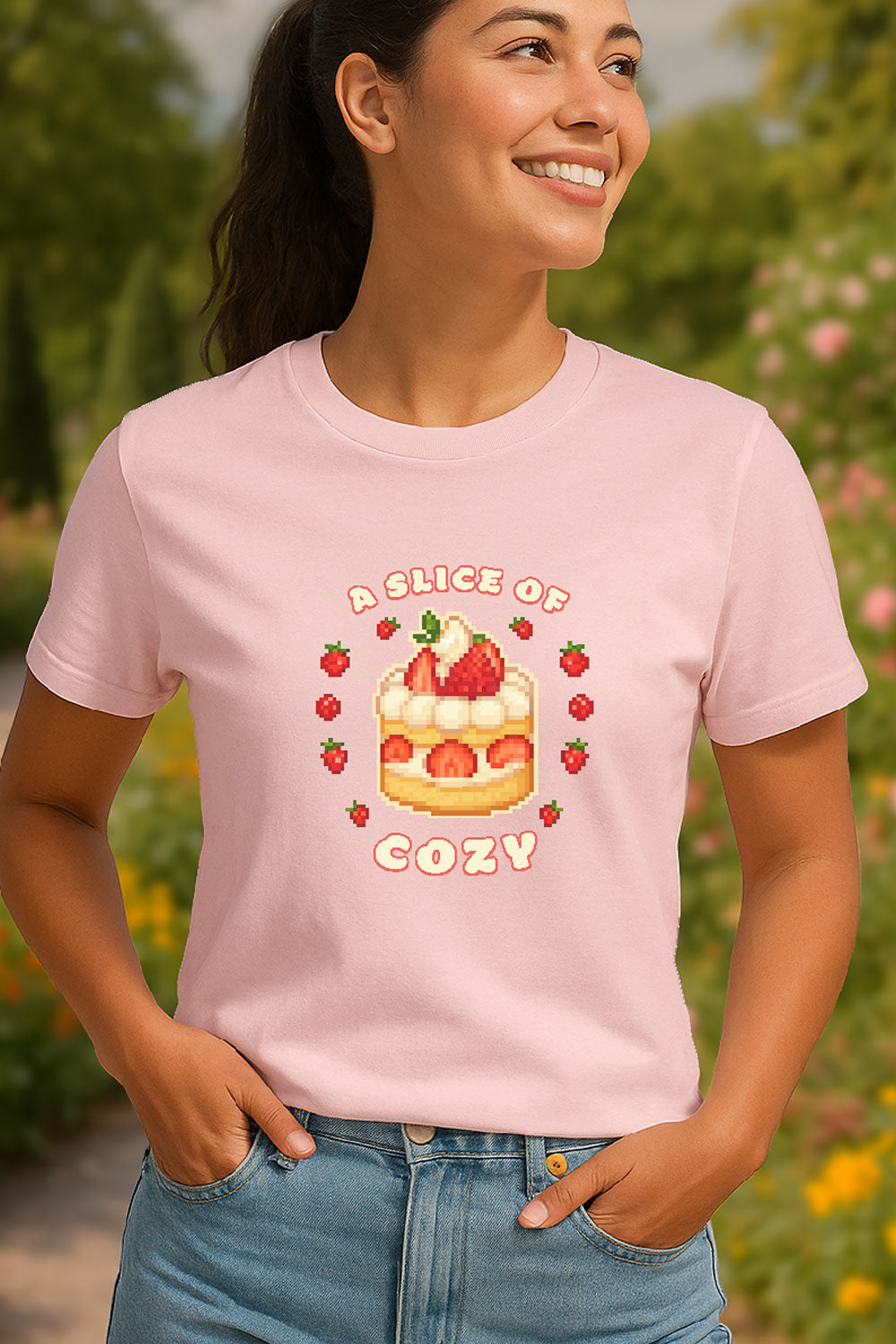 Young woman standing in a summer garden wearing a soft pink colored t-shirt with a pixel art strawberry shortcake surrounded by strawberries with text “A Slice of Cozy” in cute cozy gaming style.