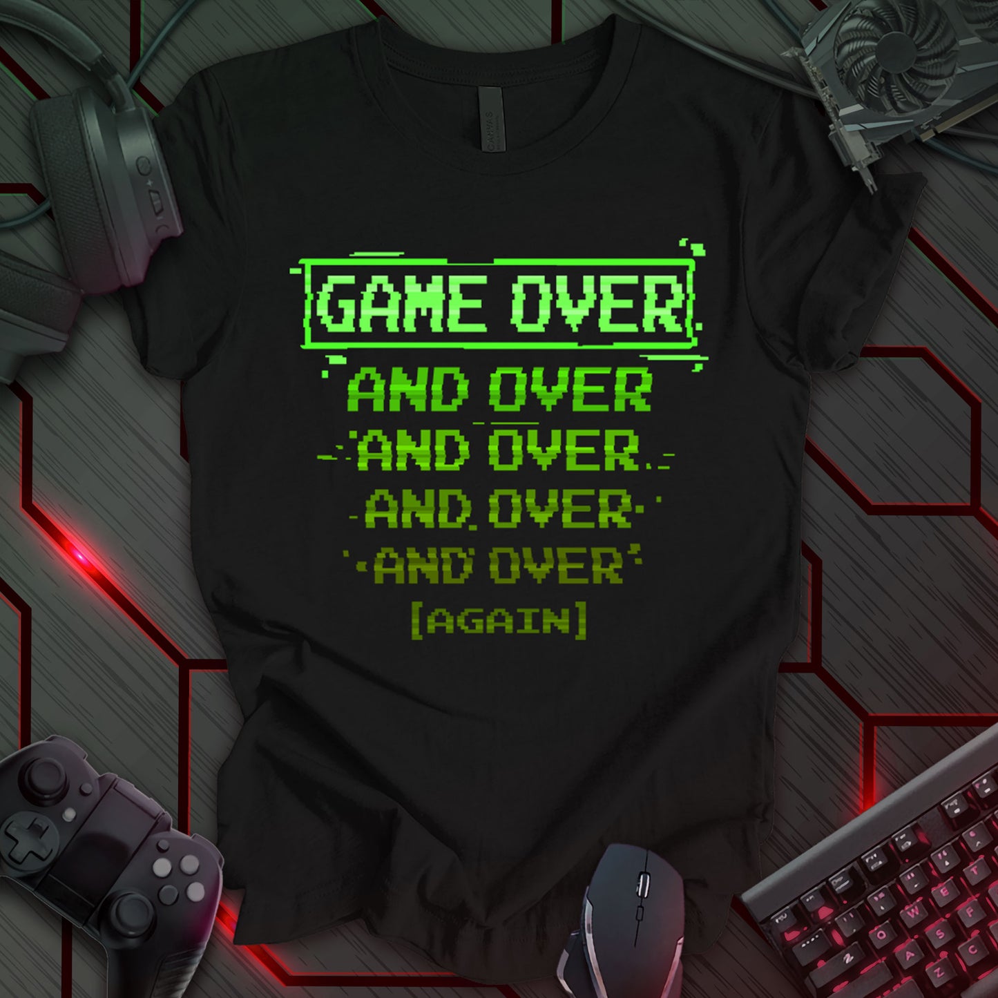 Black T-shirt featuring a glitchy pixel-art style design with 'GAME OVER' in bright tech green. The phrase repeats downward in smaller, fading text, ending with 'AGAIN' in a retro arcade aesthetic. Perfect for retro gamers, arcade enthusiasts, and those who embrace the challenge of retrying.