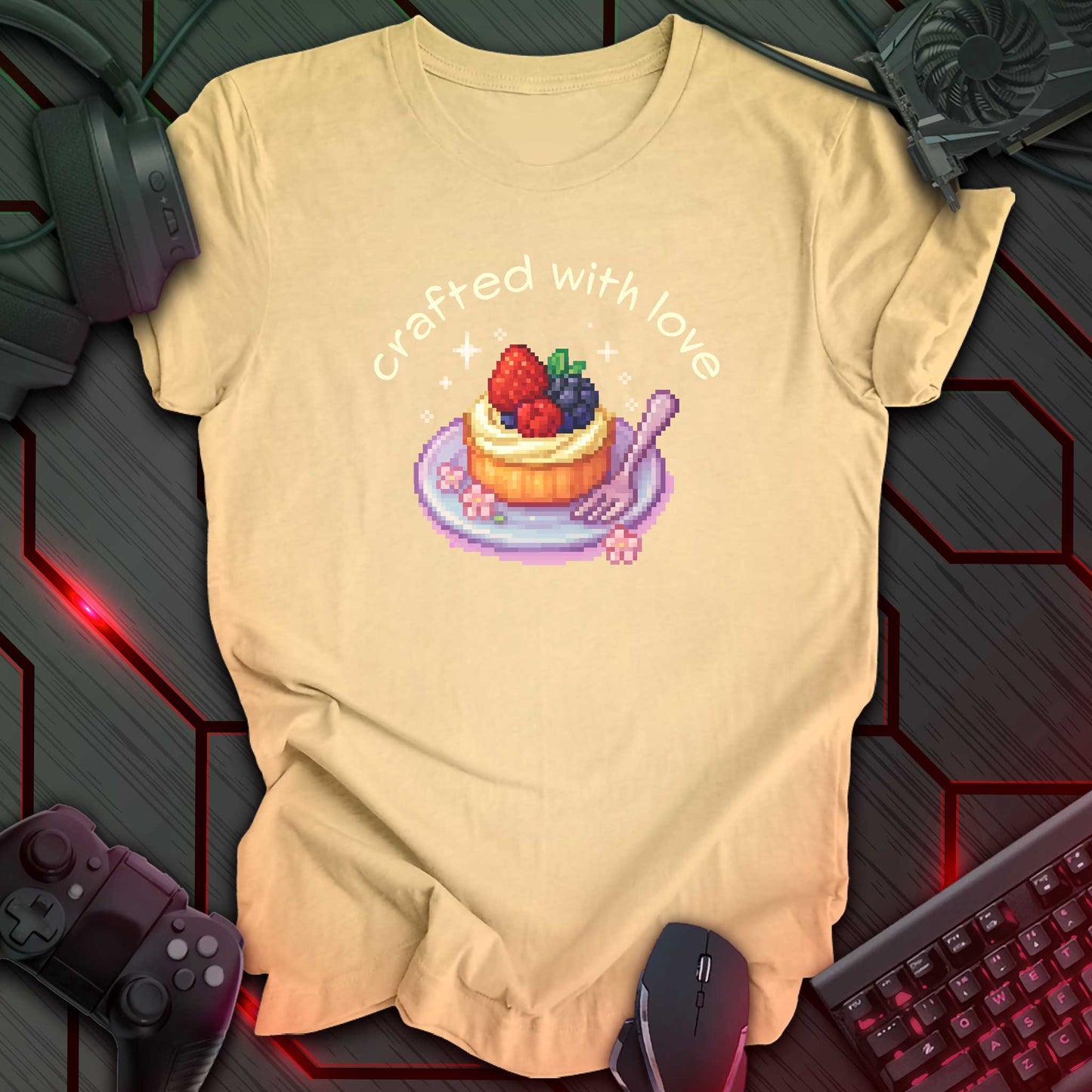 Crafted With Love - Pixel Art Mini Fruit Tart | Cozy Gaming T-Shirt