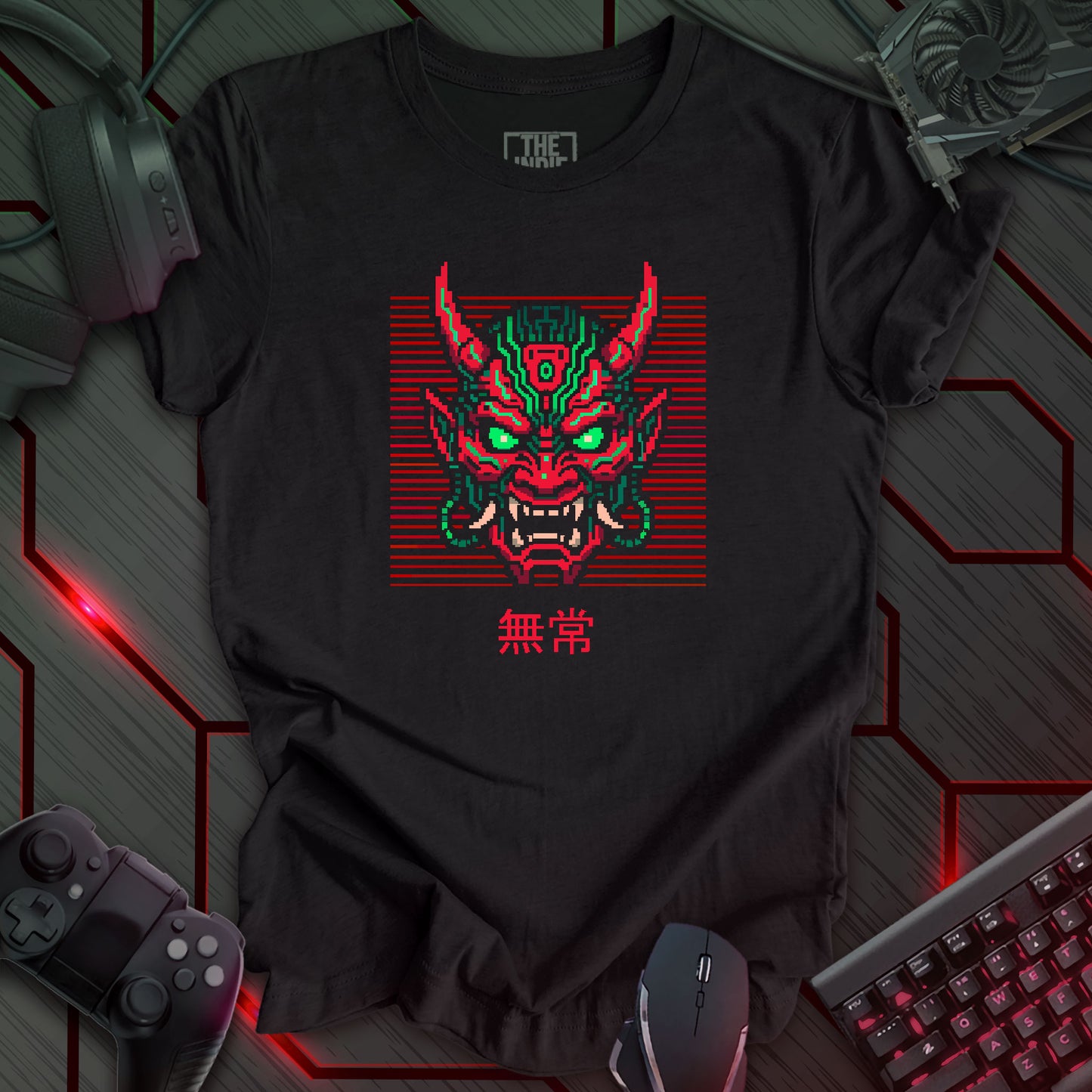Green and red pixel art cyber oni mask with glowing eyes – retro gaming black heather t-shirt design featuring Japanese kanji for impermanence