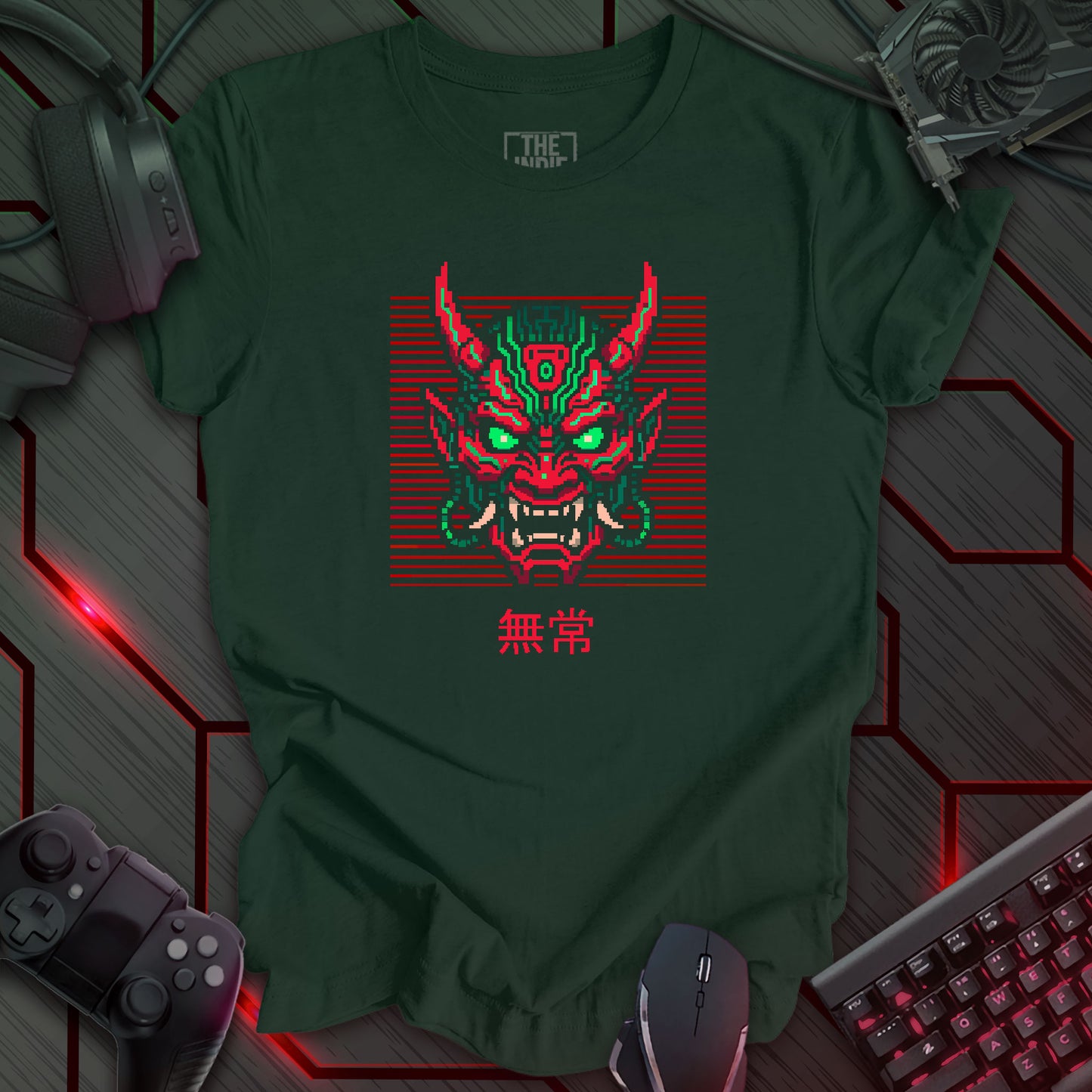 Green and red pixel art cyber oni mask with glowing eyes – retro gaming forest green t-shirt design featuring Japanese kanji for impermanence