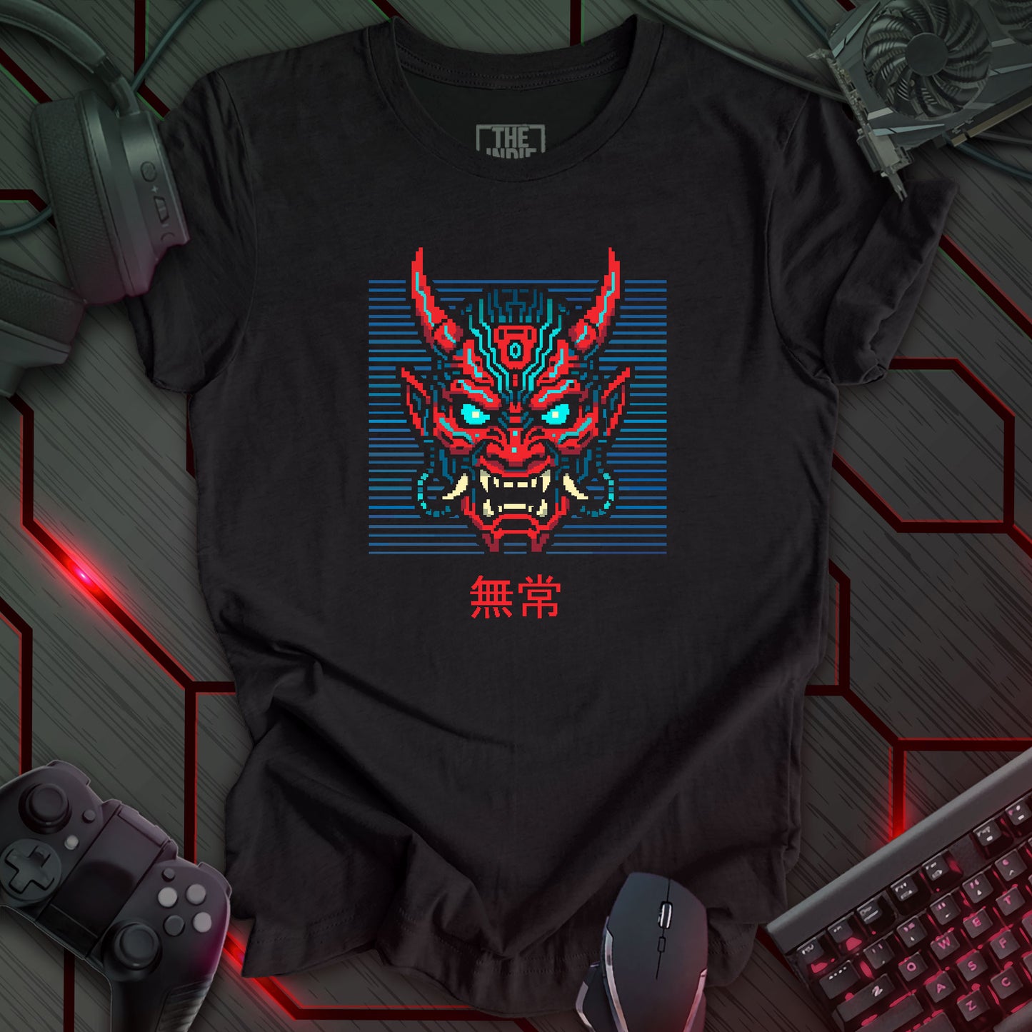 Pixel art red and blue cyber oni mask on black background – retro gaming black heather t-shirt design with glowing eyes and circuit pattern