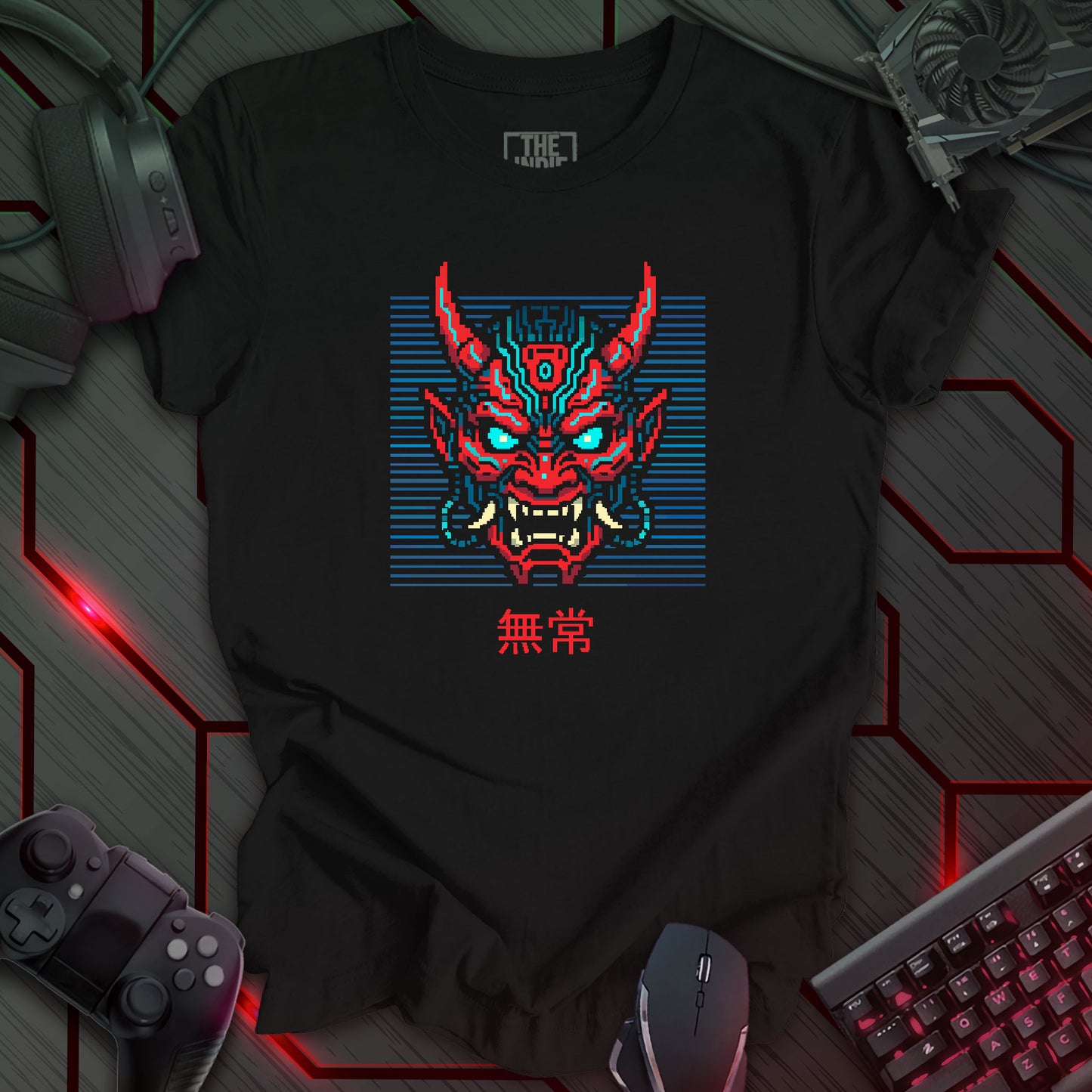Pixel art red and blue cyber oni mask on black background – retro gaming black t-shirt design with glowing eyes and circuit patterns