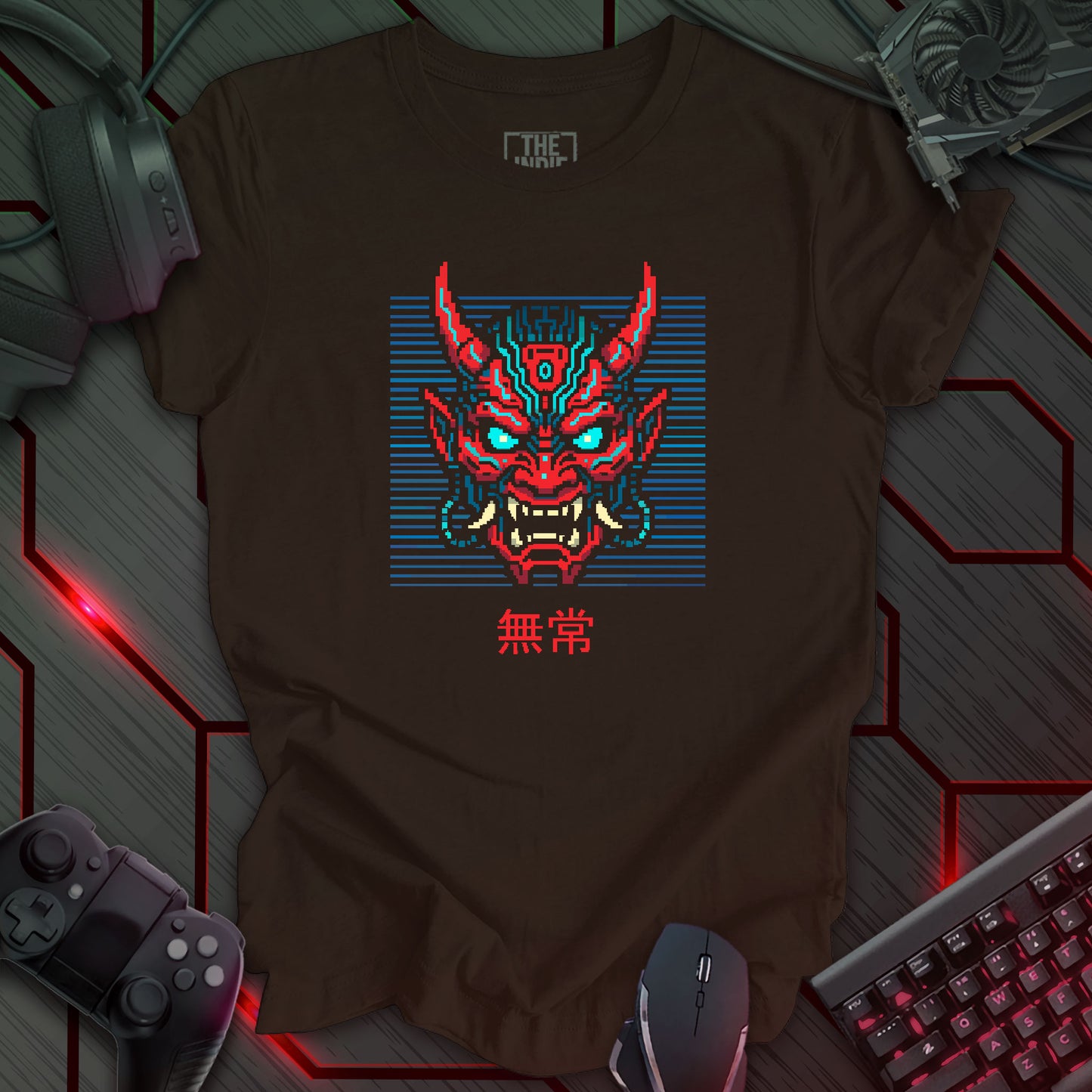 Pixel art red and blue cyber oni mask on black background – retro gaming brown t-shirt design with glowing eyes and circuit patterns