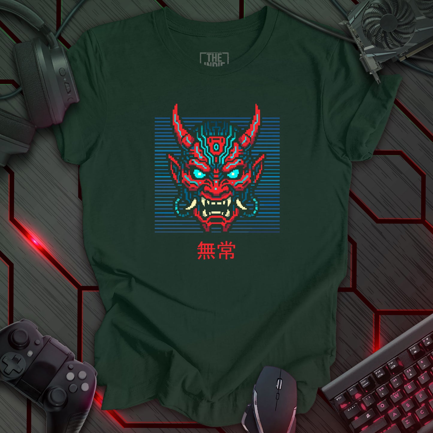 Pixel art red and blue cyber oni mask on black background – retro gaming forest green t-shirt design with glowing eyes and circuit patterns