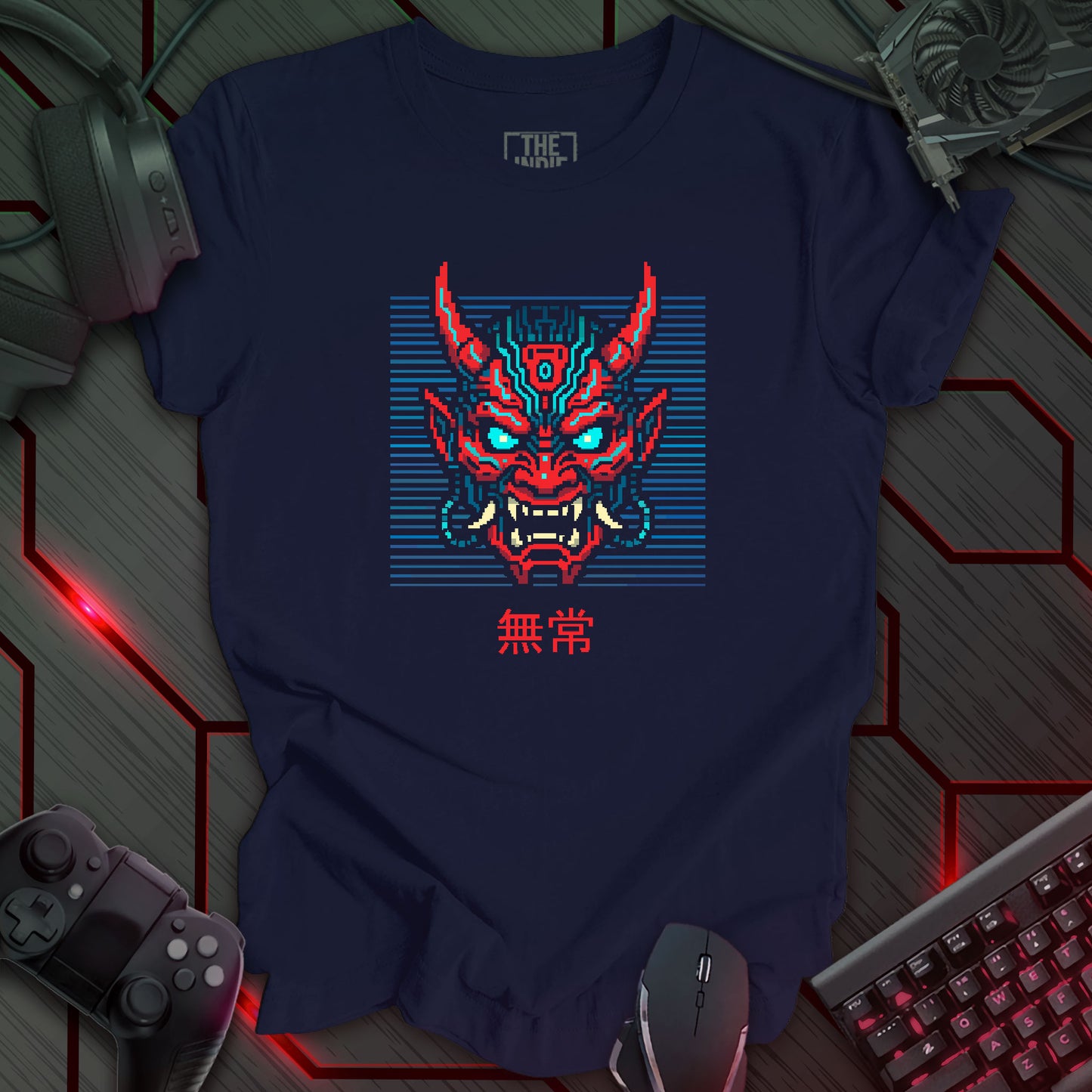 Pixel art red and blue cyber oni mask on black background – retro gaming navy color t-shirt design with glowing eyes and circuit patterns