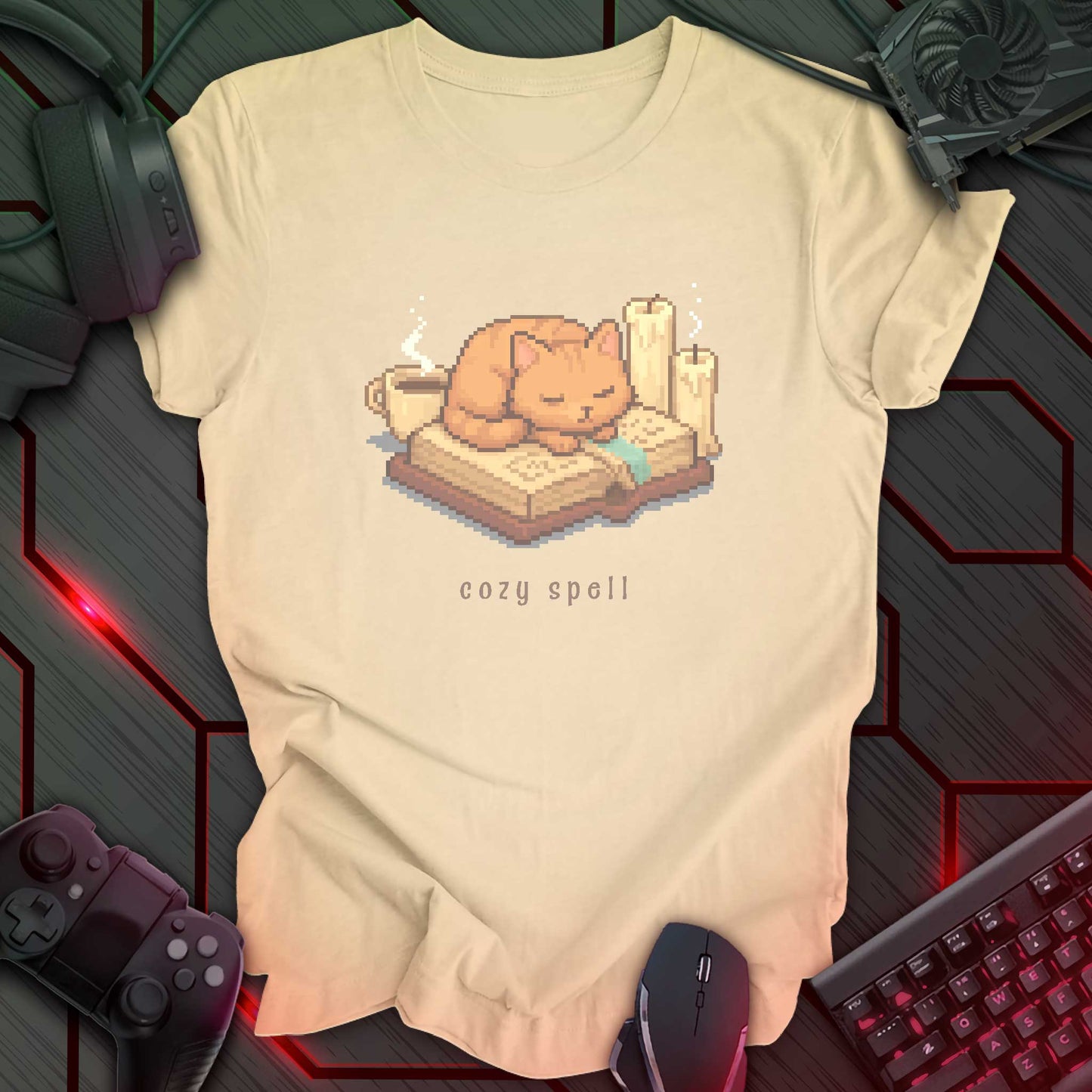 Pixel art orange cat sleeping on a book with candles and a coffee mug, under the text "cozy spell" in soft cozy gamer style. Soft Cream background.