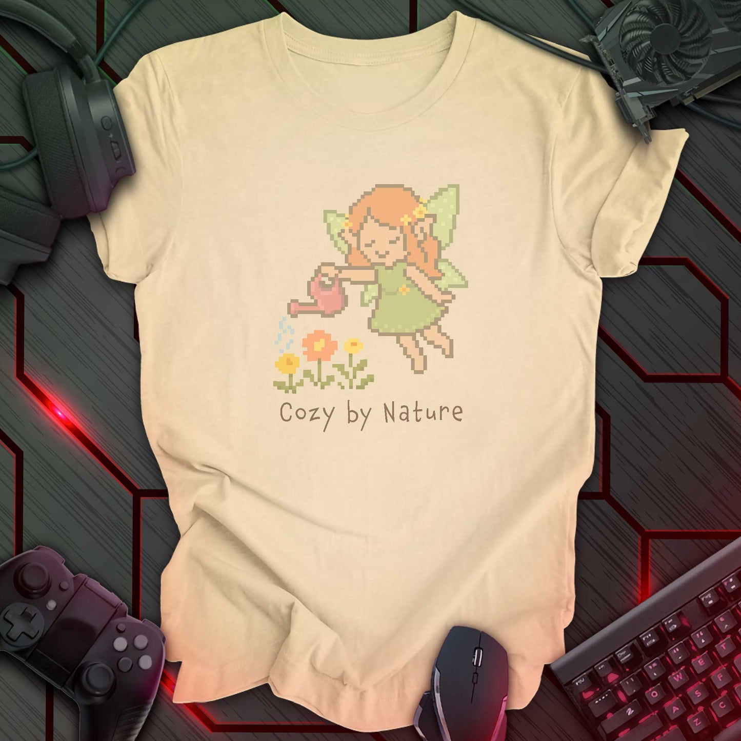 Pixel art fairy with leafy wings watering flowers using a pink watering can, above the text "Cozy by Nature" in cozy kawaii gamer style. Soft Cream background.