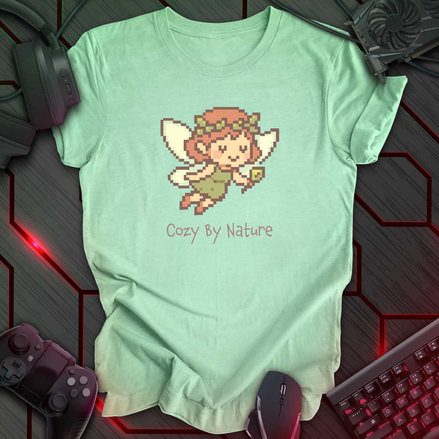 Pixel art fairy with leafy wings and crown holding a wand, smiling above the words "Cozy By Nature" in cozy gamer kawaii style. Heather Mint background.