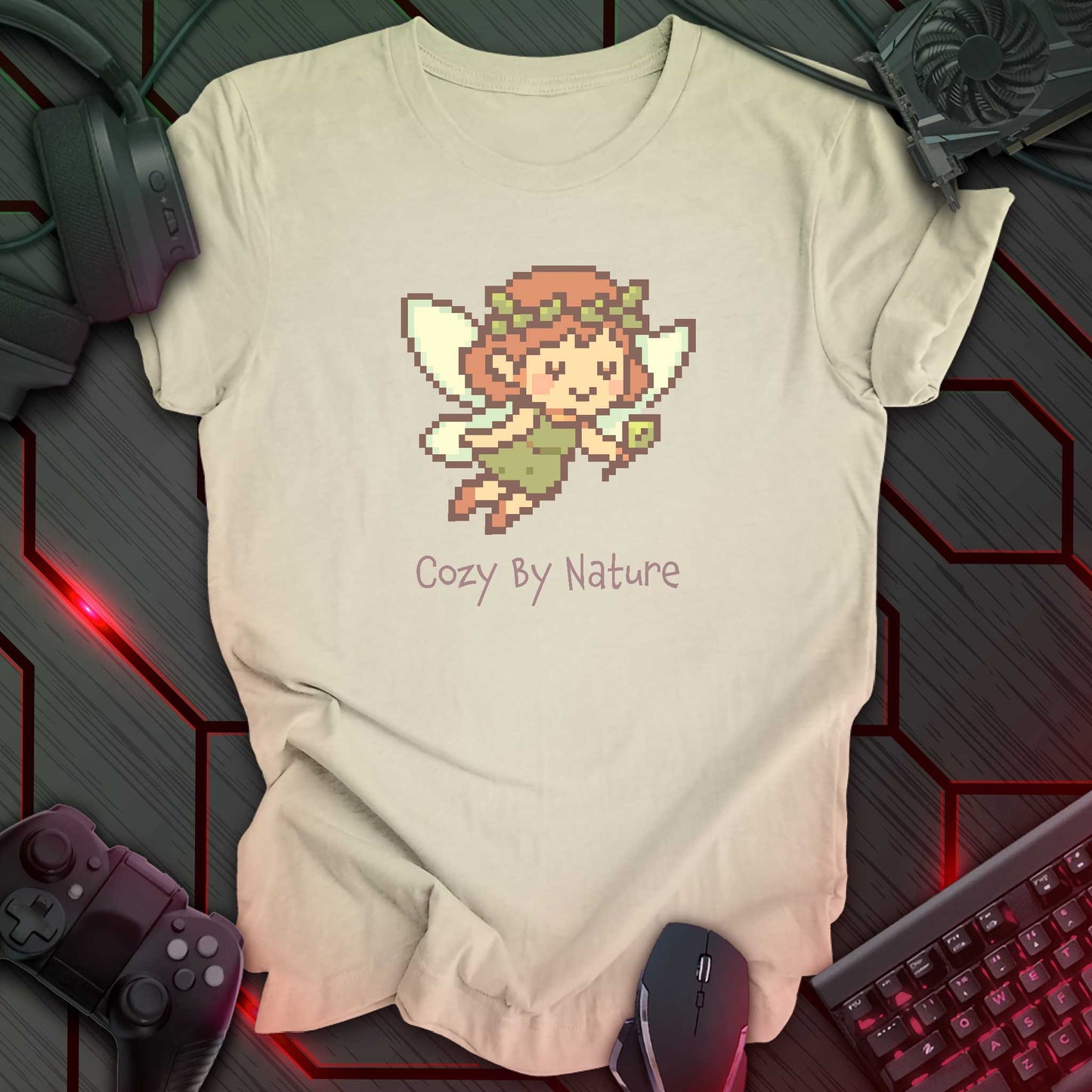 Pixel art fairy with leafy wings and crown holding a wand, smiling above the words "Cozy By Nature" in cozy gamer kawaii style. Natural color background.