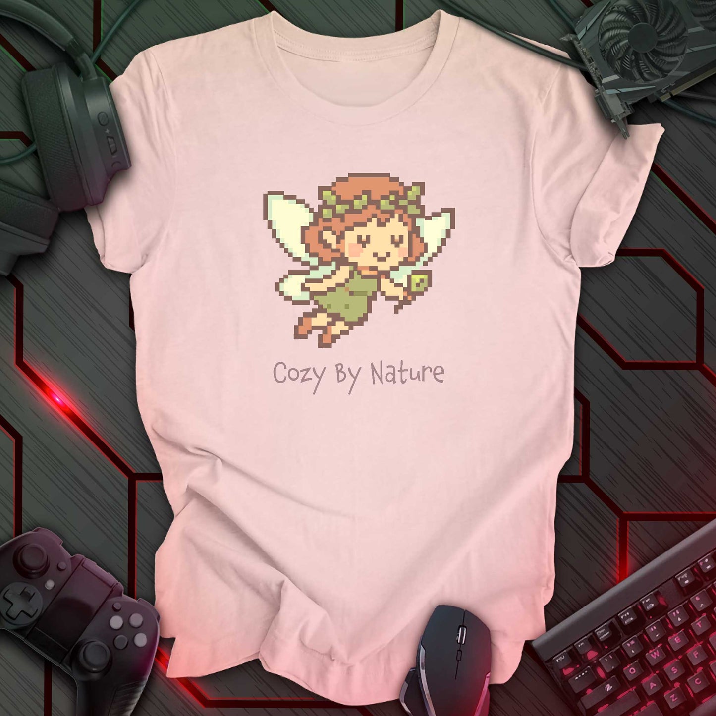 Pixel art fairy with leafy wings and crown holding a wand, smiling above the words "Cozy By Nature" in cozy gamer kawaii style. Soft Pink background.