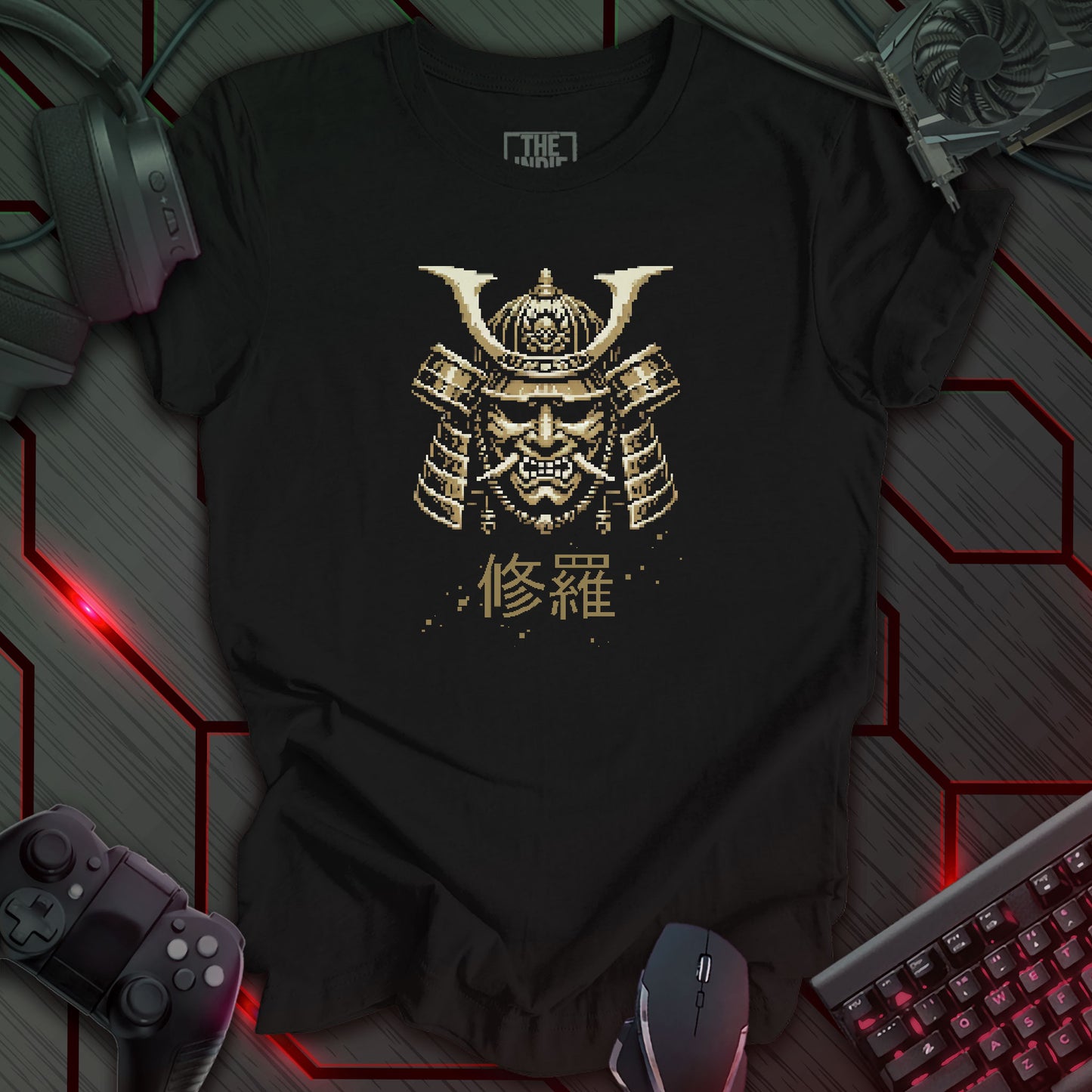 Pixel art design of a Japanese Samurai Oni mask with prominent horns, in rustic gold. The mask is set against a black background. Below the mask are the Japanese characters '修羅' (Shura), meaning 'Path of Carnage'. Retro 8-bit style graphic.