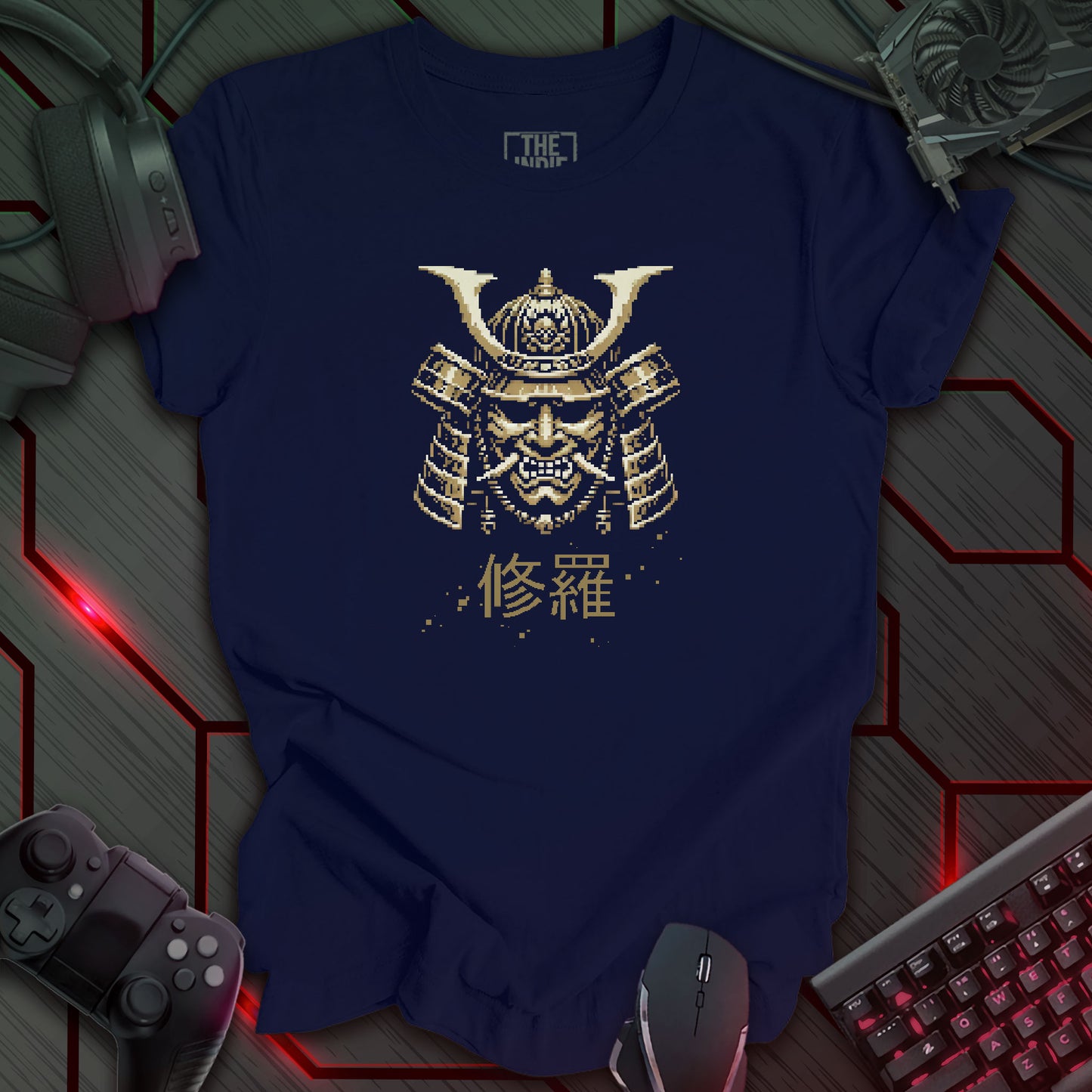 Pixel art design of a Japanese Samurai Oni mask with prominent horns, in rustic gold. The mask is set against a navy blue background. Below the mask are the Japanese characters '修羅' (Shura), meaning 'Path of Carnage'. Retro 8-bit style graphic.