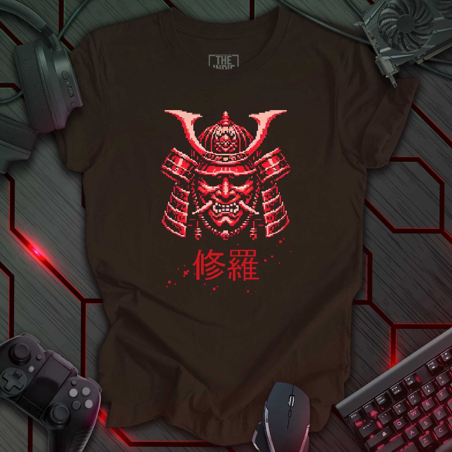 Pixel art illustration of a red Cyber Oni mask with prominent horns and a fierce expression, set against a brown background. Below the mask are the Japanese characters '修羅' (Shura), meaning 'Path of Carnage'. Retro 8-bit style graphic with a cyberpunk theme.
