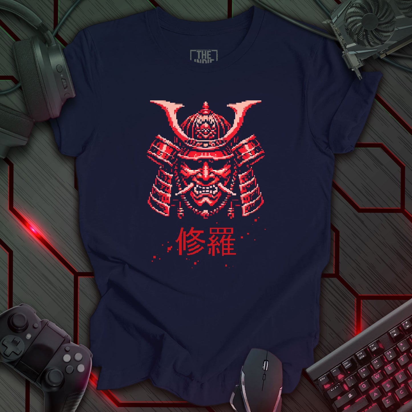 Pixel art illustration of a red Cyber Oni mask with prominent horns and a fierce expression, set against a navy background. Below the mask are the Japanese characters '修羅' (Shura), meaning 'Path of Carnage'. Retro 8-bit style graphic with a cyberpunk theme.