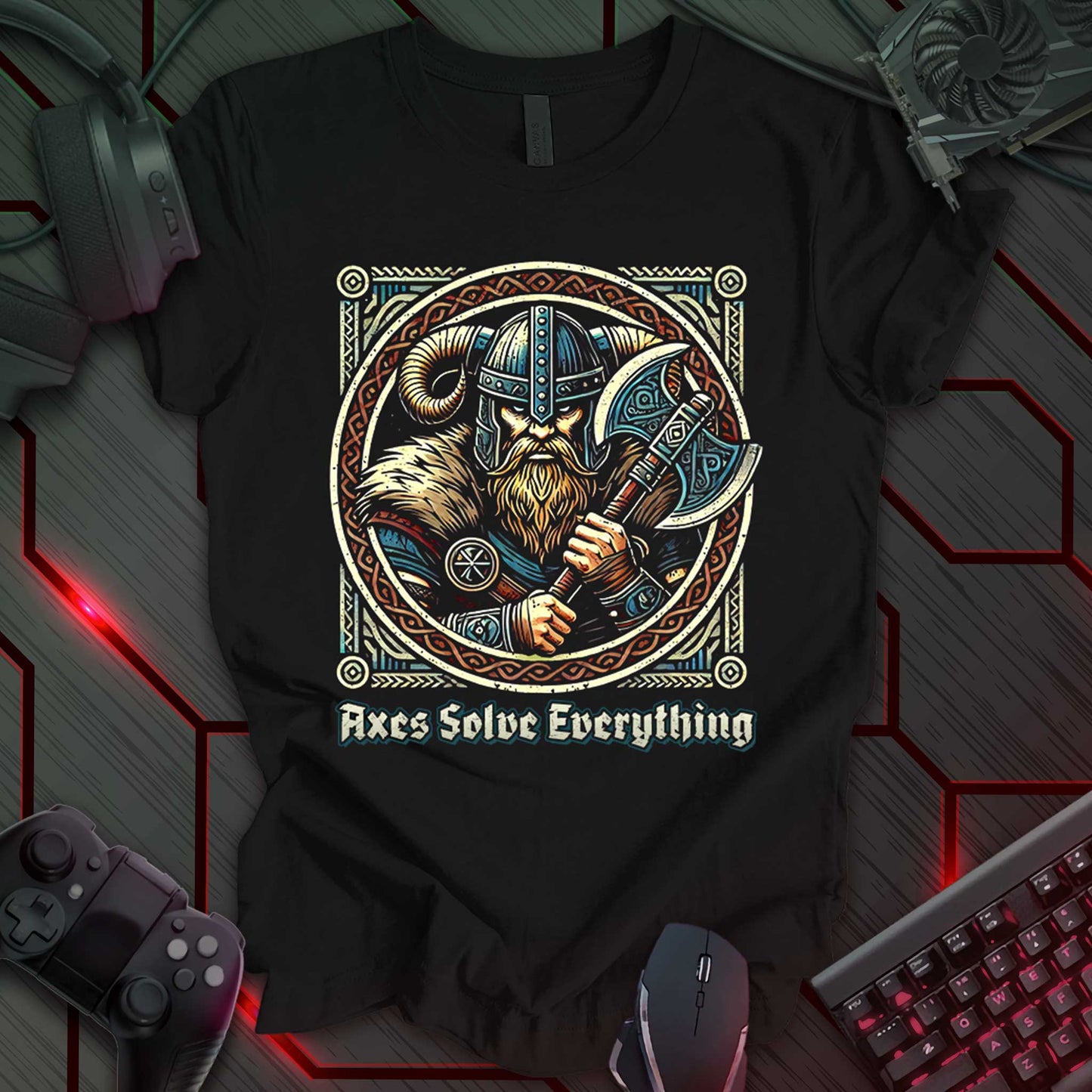 Black t-shirt featuring a detailed portrait of a Nordic barbarian warrior in armor, holding an ornate double-headed axe. The design is framed with intricate Nordic patterns in a circular and square border. Bold medieval-style text below reads "Axes Solve Everything," perfect for RPG fans and fantasy enthusiasts.