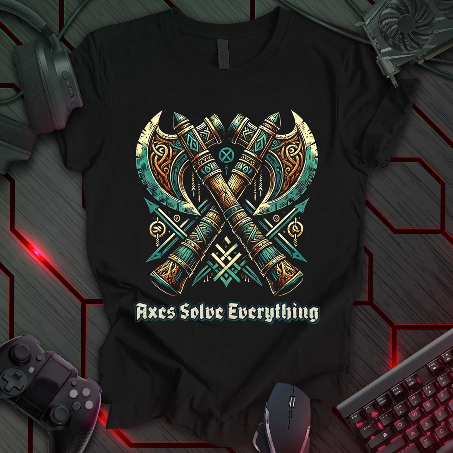 Black gaming t-shirt featuring a detailed illustration of crossed Nordic-style battle axes with intricate engravings and glowing teal and bronze accents. Surrounding the axes are symmetrical Viking-inspired patterns. Below the design, medieval fantasy text reads 'Axes Solve Everything' in a bold, rune-like font.