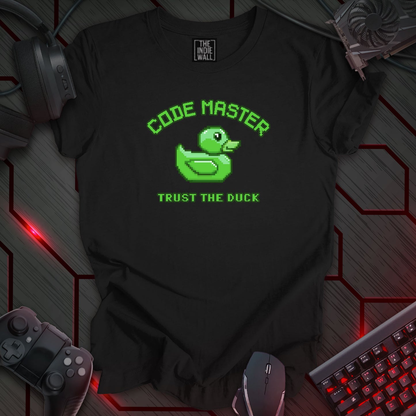Pixel art illustration of a bright green rubber duck with pixelated details, set against a black background. Arched above the duck is the phrase 'CODE MASTER' in a pixelated font. Below the duck is the phrase 'TRUST THE DUCK' in a pixelated font. This is a 'Code Master, Trust The Duck' themed design for programmers, referencing the common practice of using a rubber duck to explain code problems.