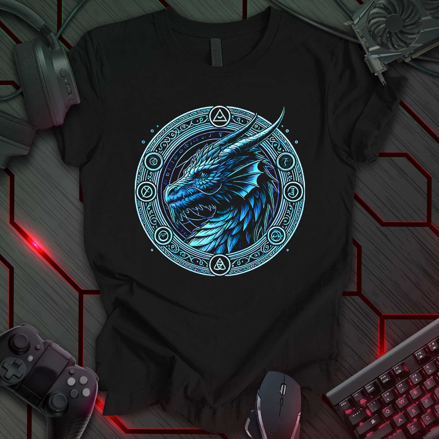 Black gaming t-shirt featuring a detailed blue fantasy dragon portrait. The dragon is framed within a circular design adorned with intricate magical runes and mystical patterns, evoking a medieval fantasy aesthetic.