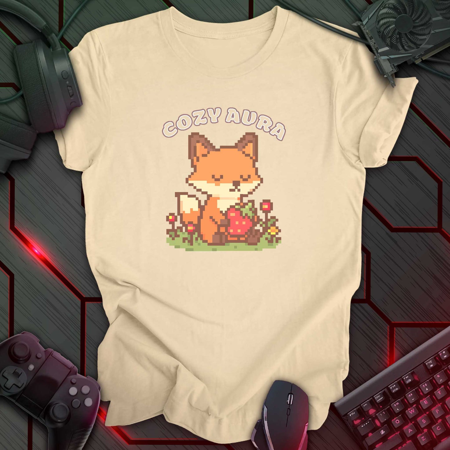 Pixel art fox holding a strawberry with closed eyes, surrounded by flowers and text "Cozy Aura" above, in kawaii cozy gamer style. Soft Cream color t-shirt.