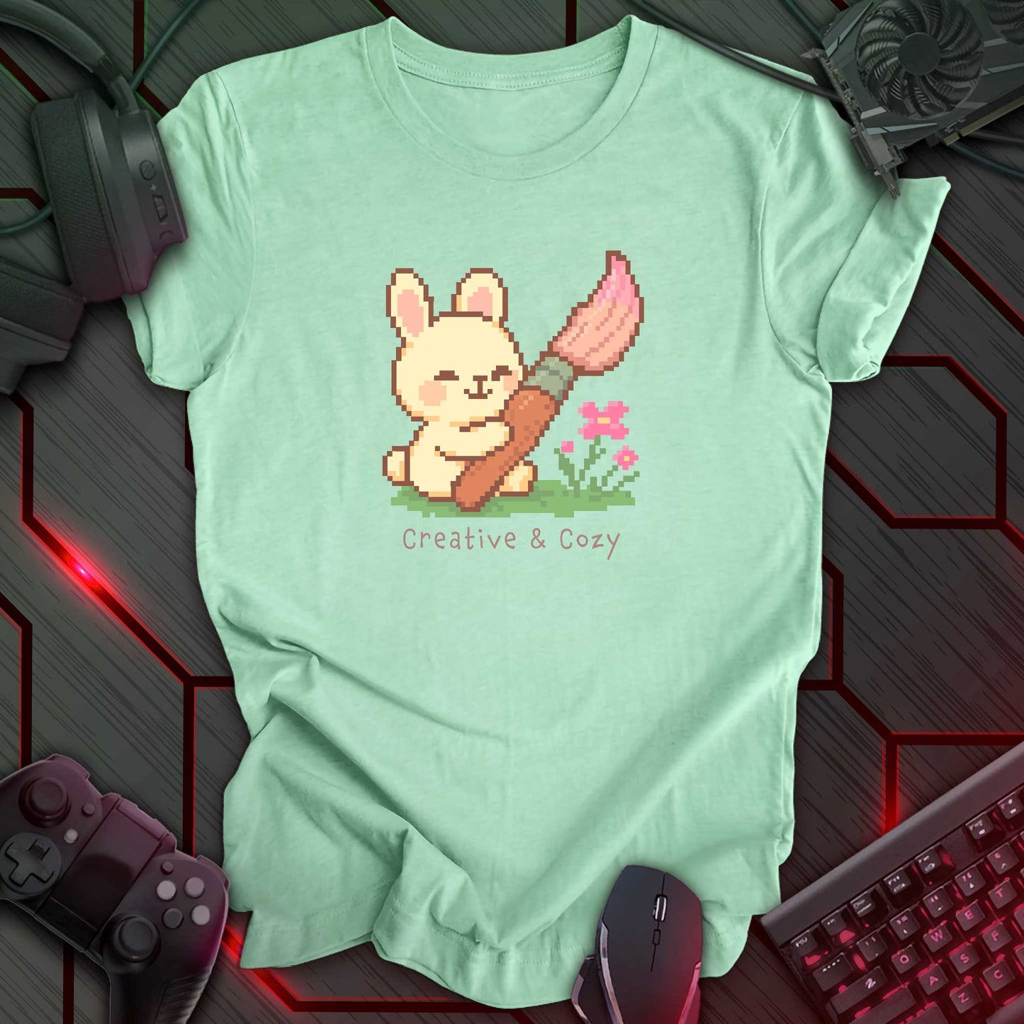Cute pixel art bunny holding a big pink paintbrush with flowers and grass, under the text "Creative & Cozy" in kawaii style. Heather Mint t-shirt.