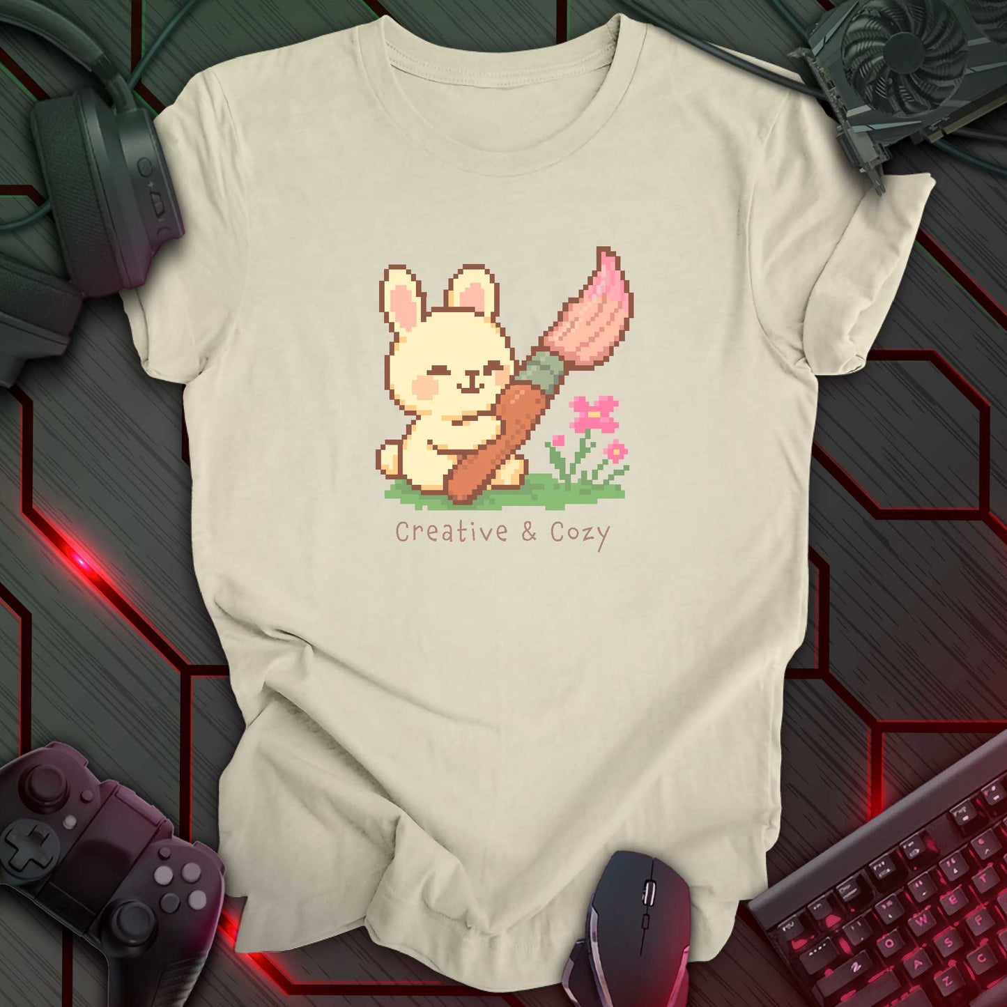 Cute pixel art bunny holding a big pink paintbrush with flowers and grass, under the text "Creative & Cozy" in kawaii style. Natural color t-shirt.