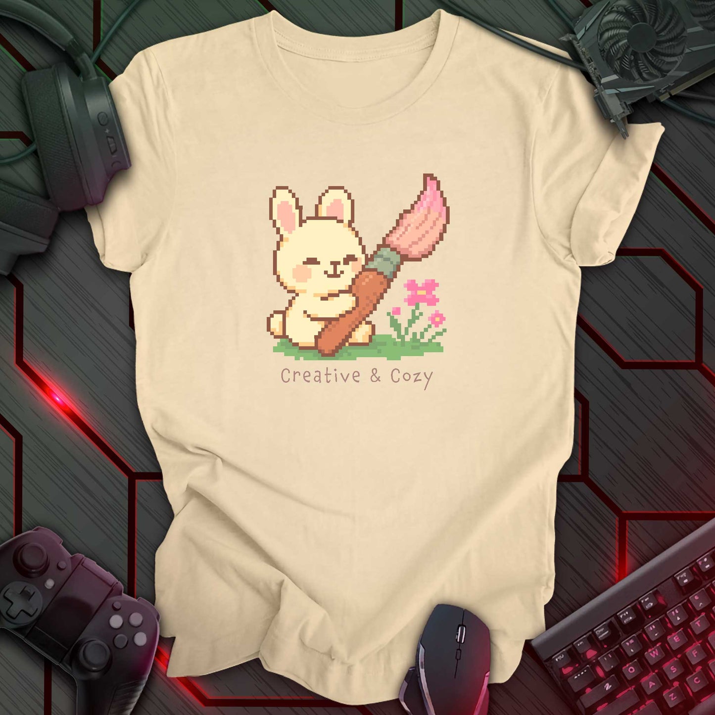 Cute pixel art bunny holding a big pink paintbrush with flowers and grass, under the text "Creative & Cozy" in kawaii style. Soft Cream color t-shirt.