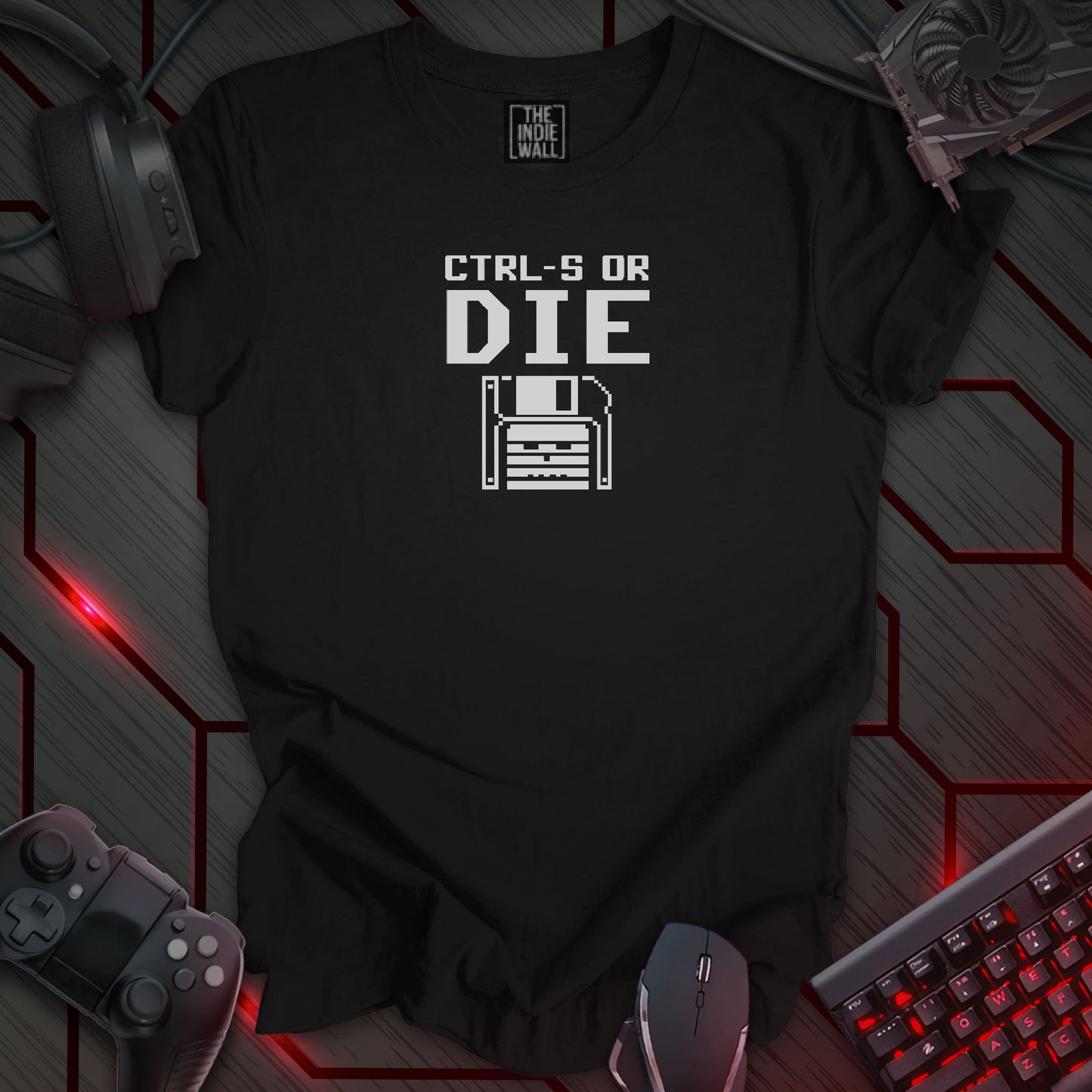 Pixel art illustration of a white floppy disk save icon, set against a black background. Above the disk is the phrase 'CTRL-S OR DIE' in a bold, pixelated font. This is a 'Ctrl-S or Die' themed design for programmers, emphasizing the importance of saving work with a humorous, retro-inspired floppy disk image.