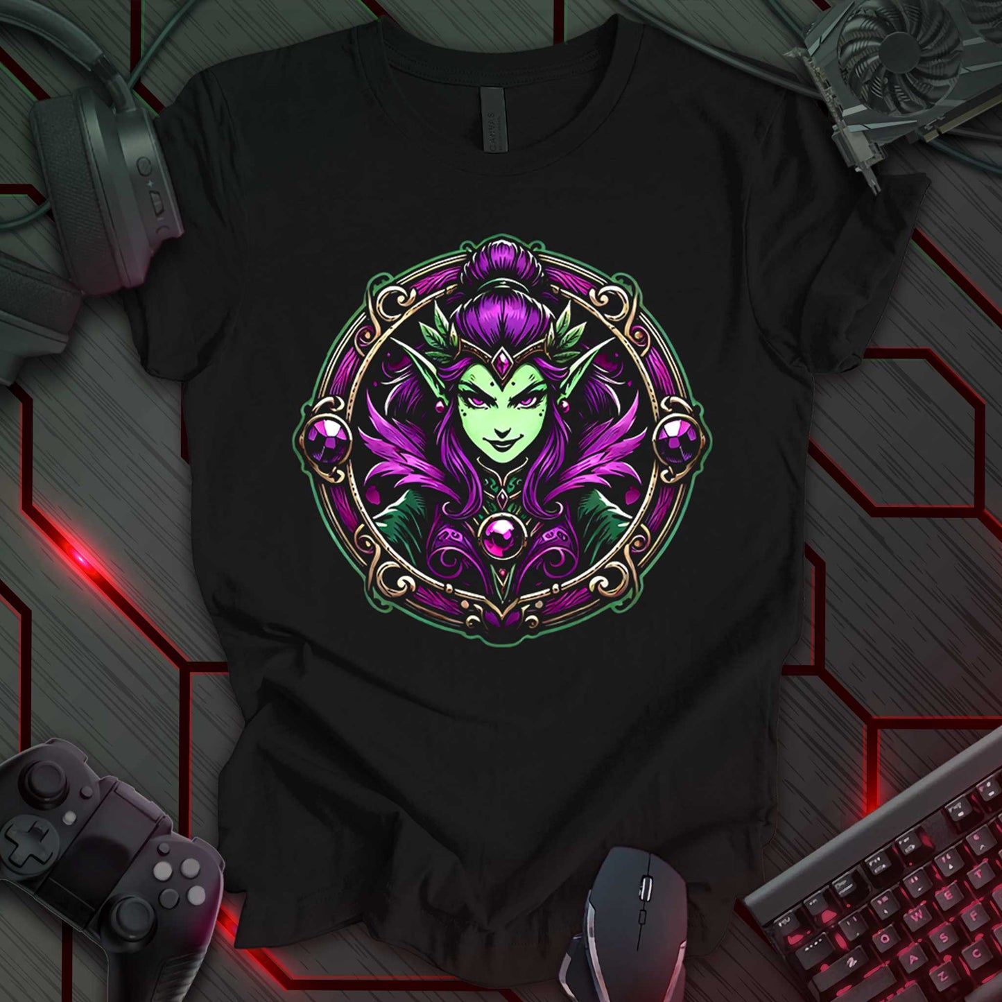 Illustration of a Dark Elf Queen with green skin, pointed ears, and purple hair, centered within a circular frame with ornate patterns. The queen wears a purple and gold crown and a purple outfit with a jeweled necklace. The illustration is rendered in shades of purple, green, gold, and pink against a black background. This is a fantasy-themed illustration of a Dark Elf Queen.