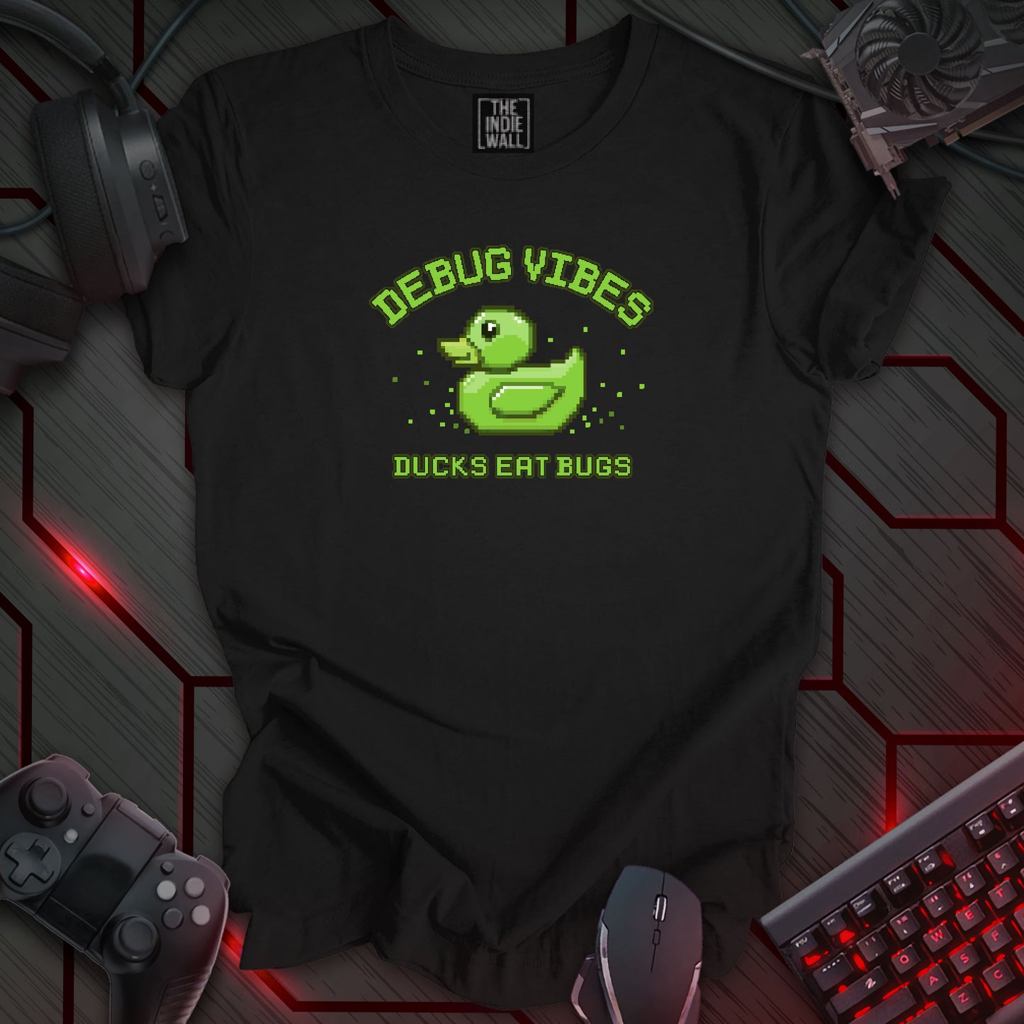 Pixel art illustration of a bright green rubber duck with pixelated details, set against a black background with scattered green pixelated accents. Arched above the duck is the phrase 'DEBUG VIBES' in a pixelated font. Below the duck is the phrase 'DUCKS EAT BUGS' in a pixelated font. This is a 'Duck Debug Vibes, Ducks Eat Bugs' themed design for programmers, referencing the common practice of using a rubber duck to explain code problems.