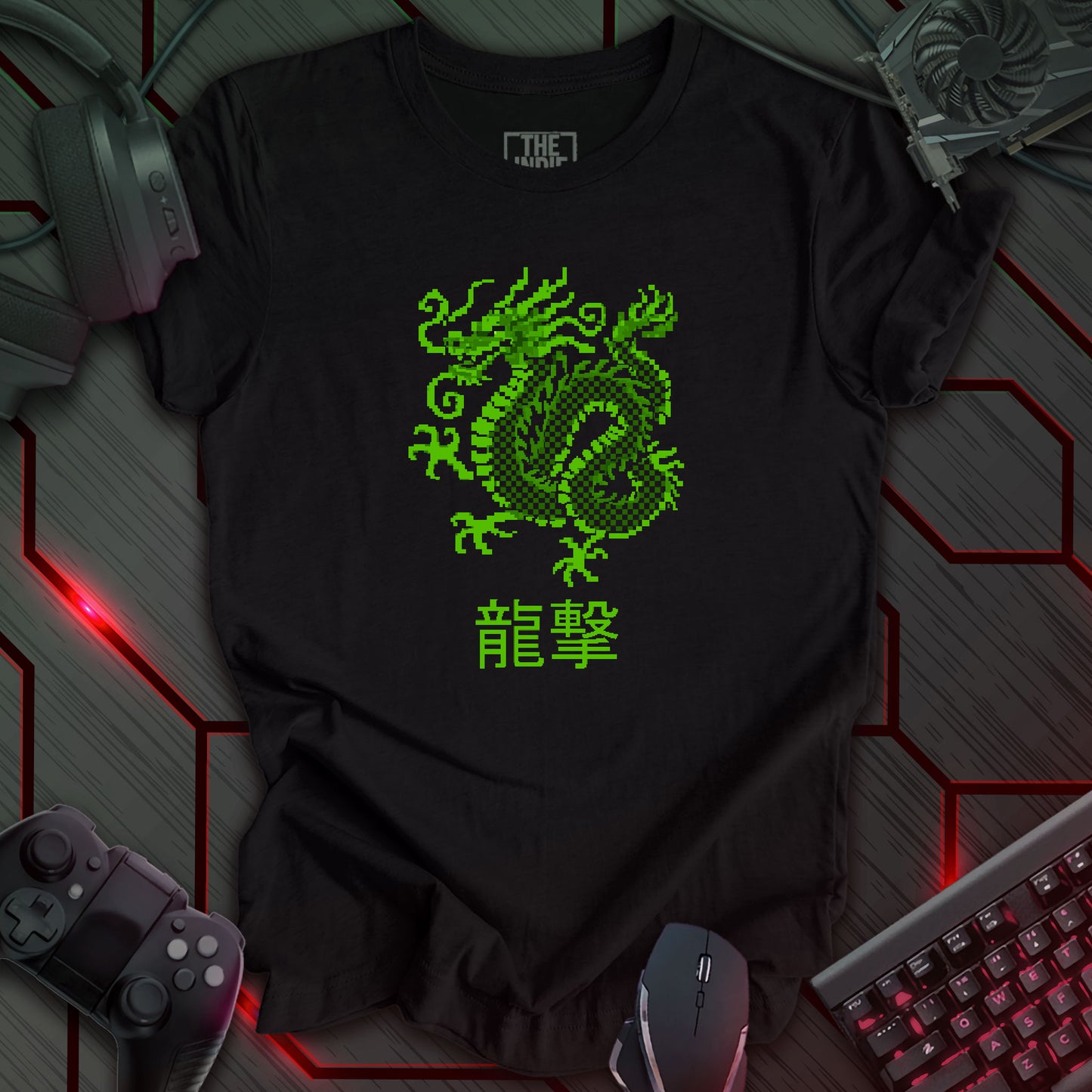 Pixel art illustration of a green Japanese dragon with a checkered pattern on its body, set against a heather black background. Below the dragon are the Japanese characters '龍撃' (Ryūgeki), meaning 'Dragon Strike'. Retro 8-bit style graphic with a cyberpunk theme.