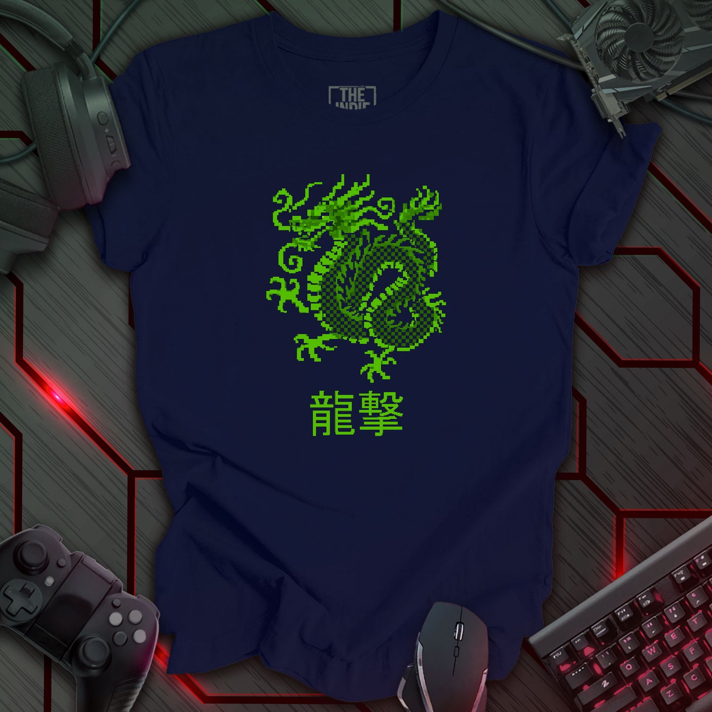 Pixel art illustration of a green Japanese dragon with a checkered pattern on its body, set against a navy background. Below the dragon are the Japanese characters '龍撃' (Ryūgeki), meaning 'Dragon Strike'. Retro 8-bit style graphic with a cyberpunk theme.