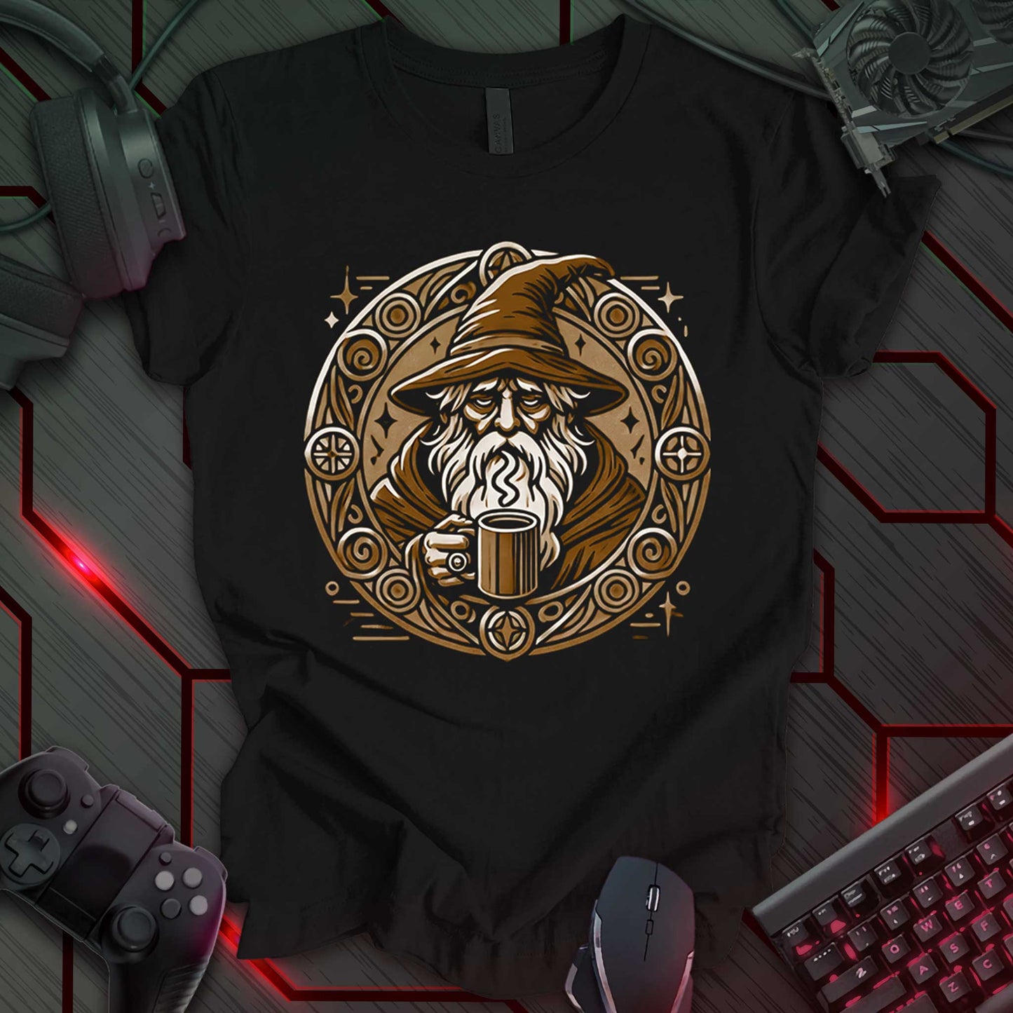 Black gaming t-shirt featuring a detailed brown-toned illustration of a weary wizard holding a mug of hot coffee. The wizard is framed within an ornate circular design decorated with magical symbols, evoking a fantasy RPG aesthetic.