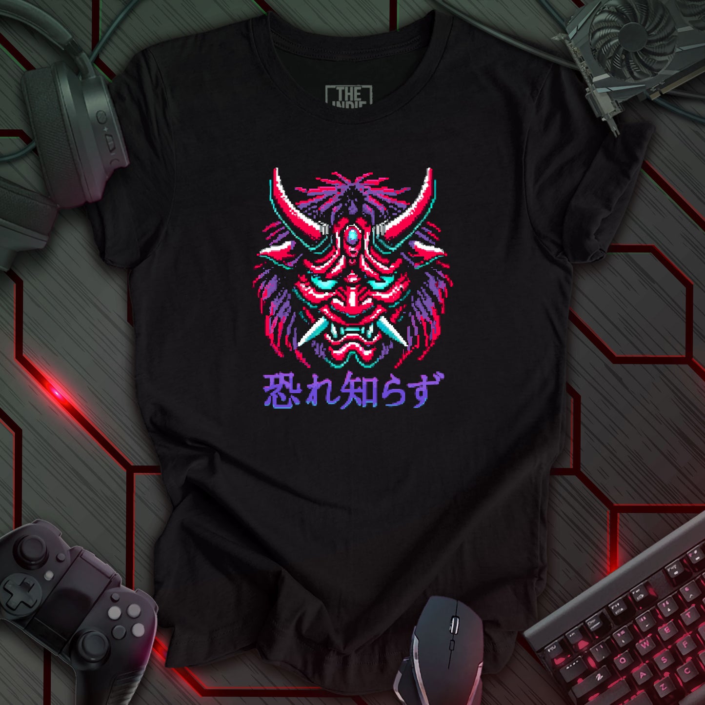 Pixel art illustration of a Cyber Oni mask featuring red, cyan, purple, and white details, with prominent red horns and a fierce expression. The mask is set against a black heather background. Below the mask are the Japanese characters '恐れ知らず' (Osore Shirazu). Retro 8-bit style graphic with a cyberpunk theme.