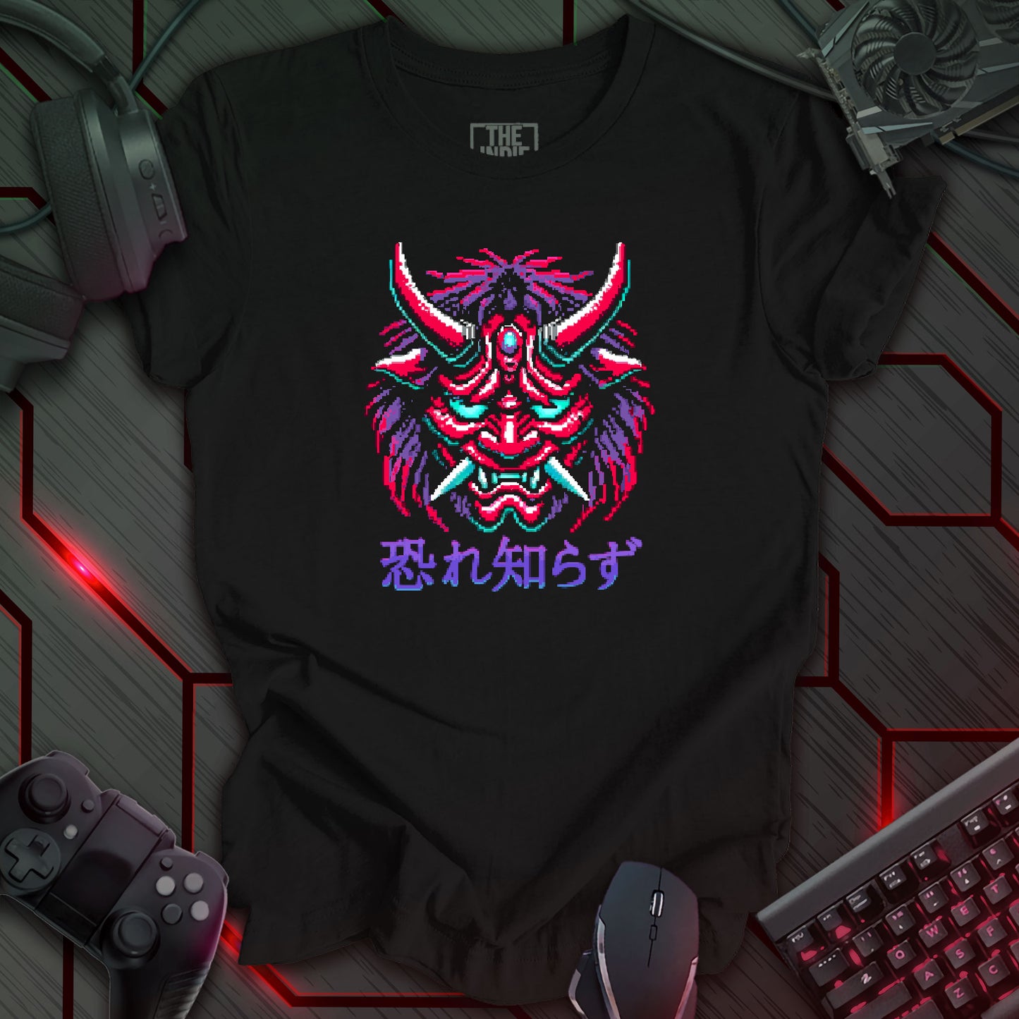 Pixel art illustration of a Cyber Oni mask featuring red, cyan, purple, and white details, with prominent red horns and a fierce expression. The mask is set against a black background. Below the mask are the Japanese characters '恐れ知らず' (Osore Shirazu). Retro 8-bit style graphic with a cyberpunk theme.