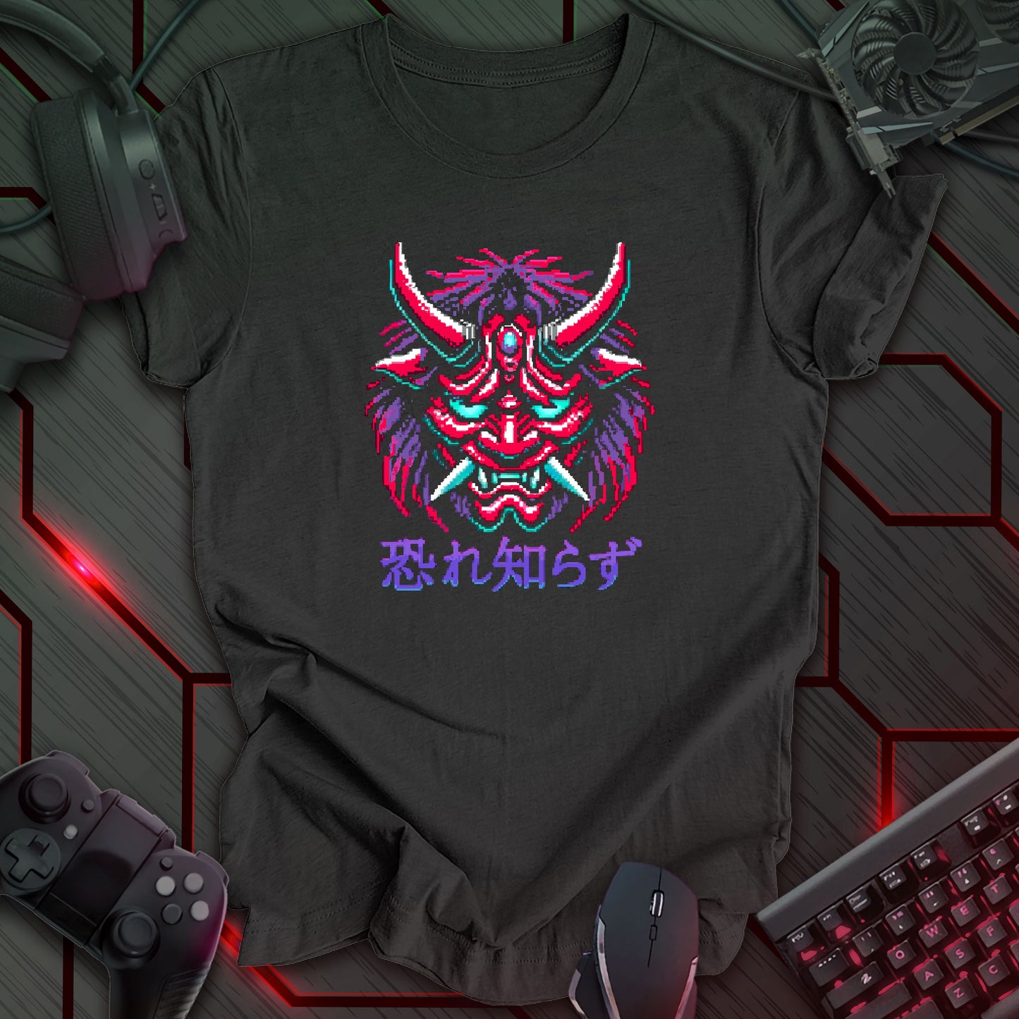 Pixel art illustration of a Cyber Oni mask featuring red, cyan, purple, and white details, with prominent red horns and a fierce expression. The mask is set against a dark grey heather background. Below the mask are the Japanese characters '恐れ知らず' (Osore Shirazu). Retro 8-bit style graphic with a cyberpunk theme.