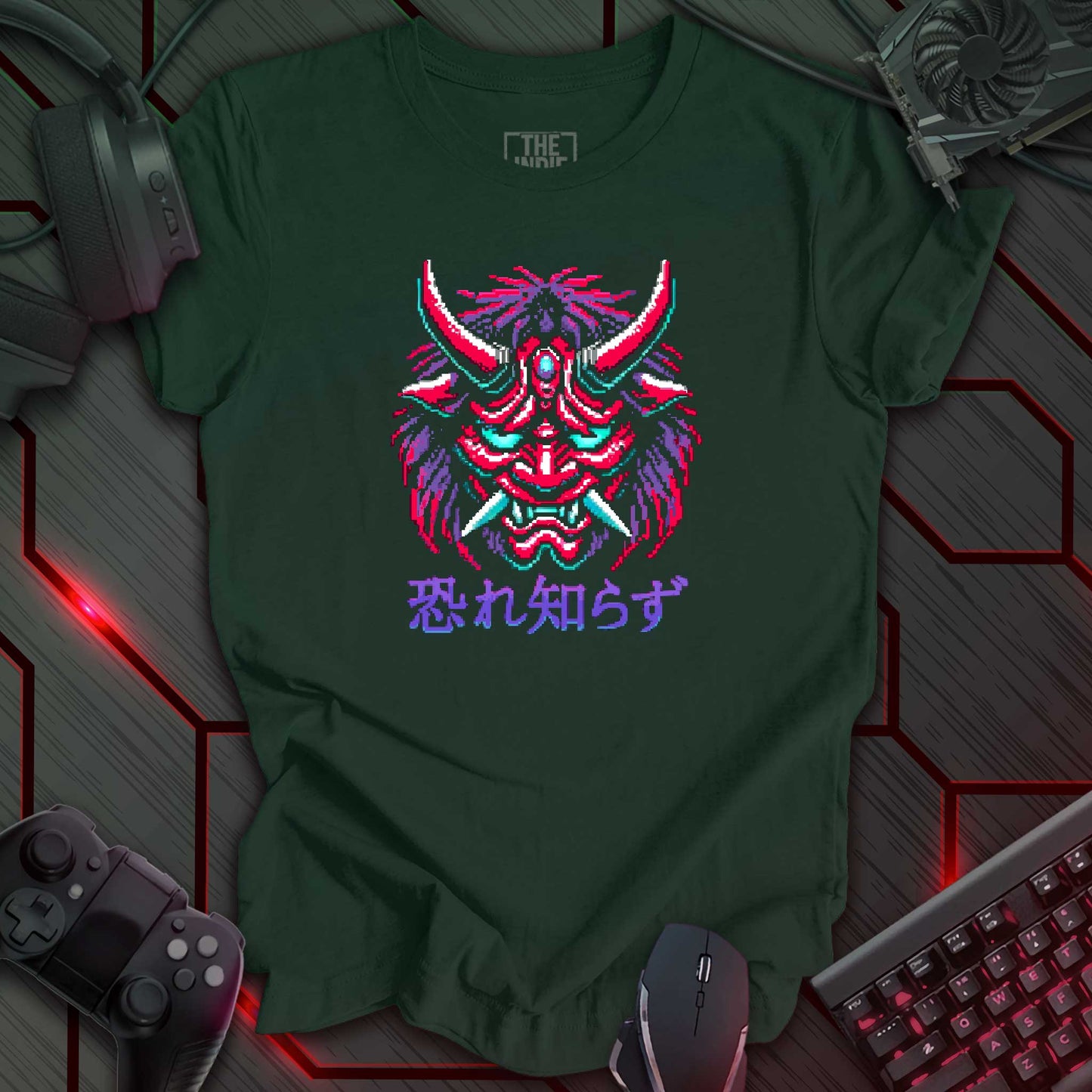 Pixel art illustration of a Cyber Oni mask featuring red, cyan, purple, and white details, with prominent red horns and a fierce expression. The mask is set against a green heather background. Below the mask are the Japanese characters '恐れ知らず' (Osore Shirazu). Retro 8-bit style graphic with a cyberpunk theme.