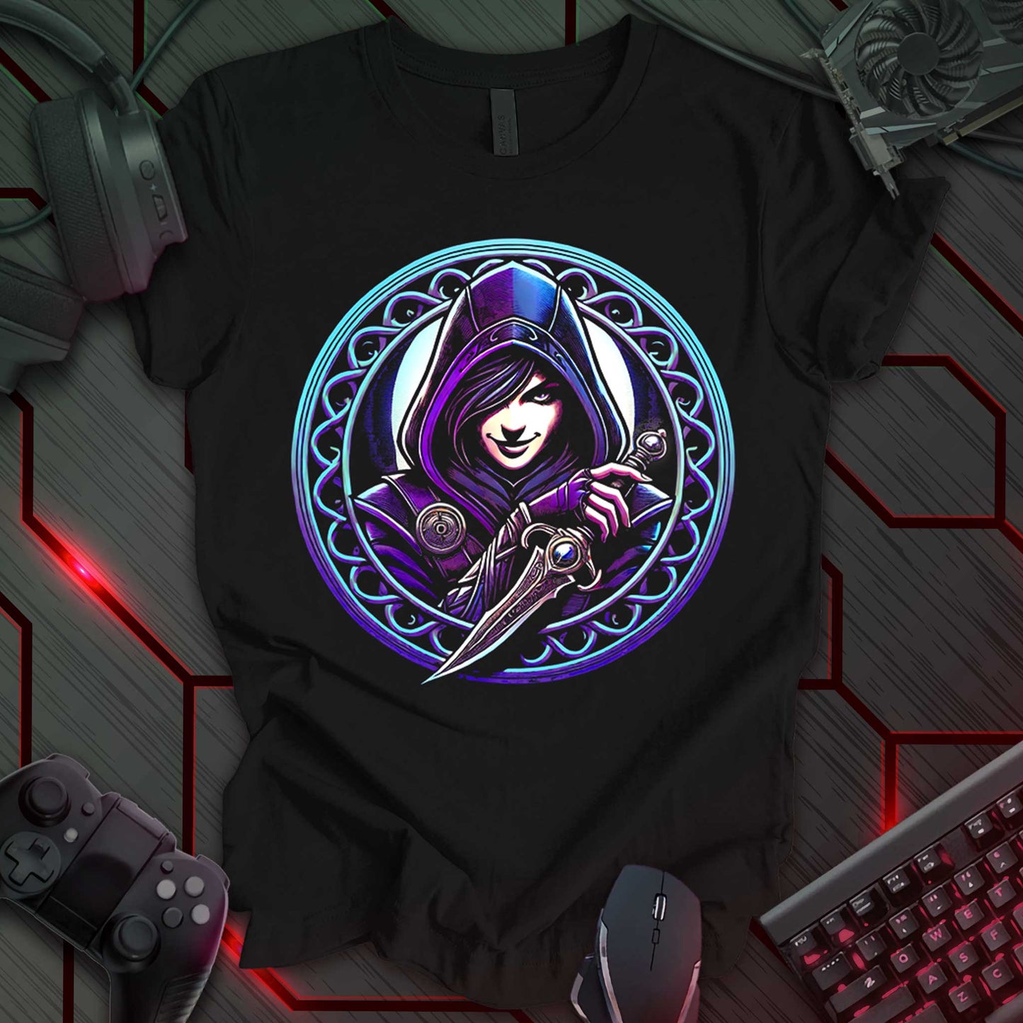 Illustration of a hooded figure holding a dagger, rendered in shades of purple and blue. The figure is centered within an ornate, circular frame with swirling patterns, also rendered in shades of purple and blue. The figure has a smirk and dark hair visible beneath the hood. A small logo reading 'THE INDIE WALL' is visible in a box at the bottom right corner. This is a fantasy-themed illustration of a rogue or assassin character.