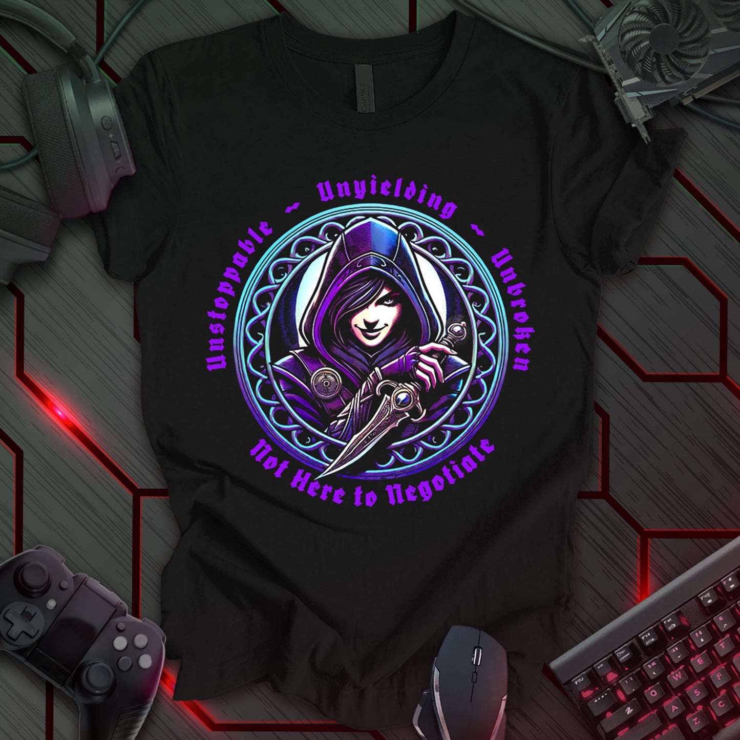 Illustration of a hooded figure holding a dagger, rendered in shades of purple and blue. The figure is centered within an ornate, circular frame with swirling patterns, also rendered in shades of purple and blue. The figure has a smirk and dark hair visible beneath the hood. Around the frame are the words 'Unyielding,' 'Unstoppable,' 'Unbroken,' and 'Not Here to Negotiate' in a stylized font. This is a fantasy-themed illustration of a rogue or assassin character with accompanying text.