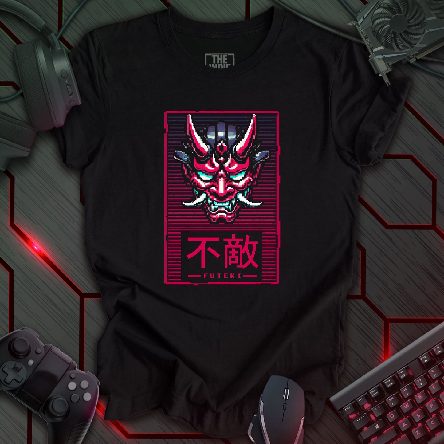 Pixel art illustration of a Cyber Oni mask with red, cyan, black, and white details, featuring prominent horns and a determined expression. The mask is set against a heather black background with a red and purple grid pattern. Below the mask, enclosed in a red rectangle, are the Japanese characters '不敵' (Futeki), meaning 'Unfazed'. Retro 8-bit style graphic with a cyberpunk theme.